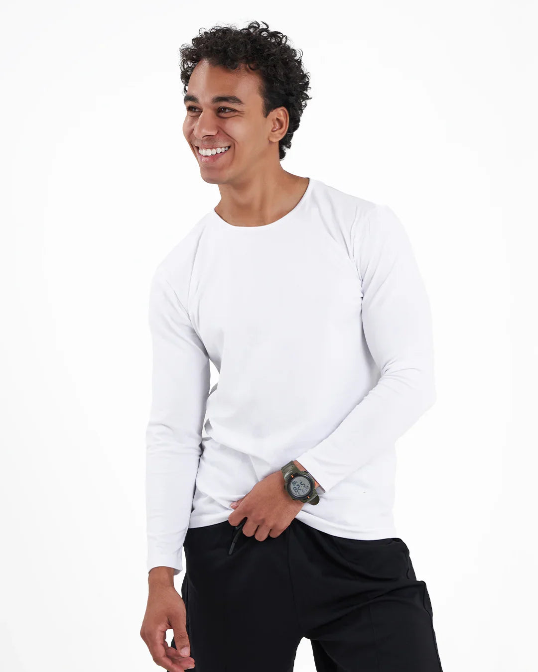 تيشيرت كم قطن أبيض برقبة دائرية