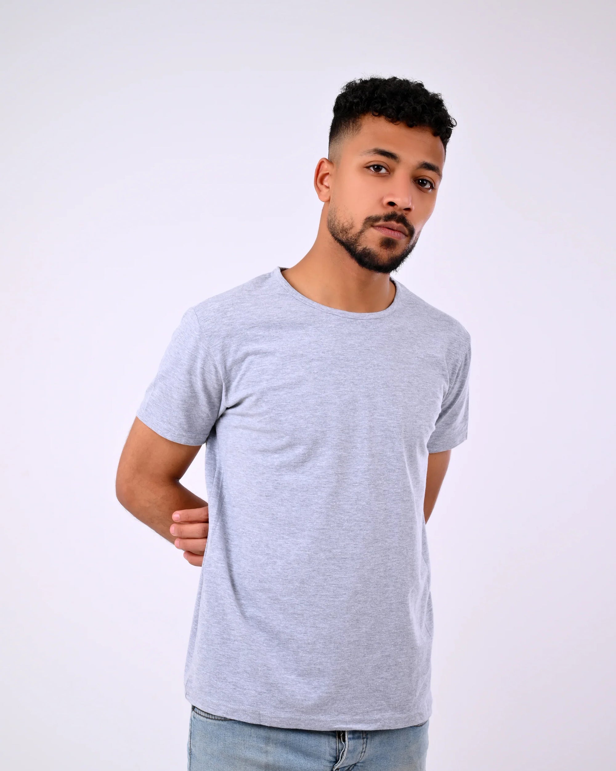 تيشيرت نص كم رجالي قطن رمادي بياقة دائرية
