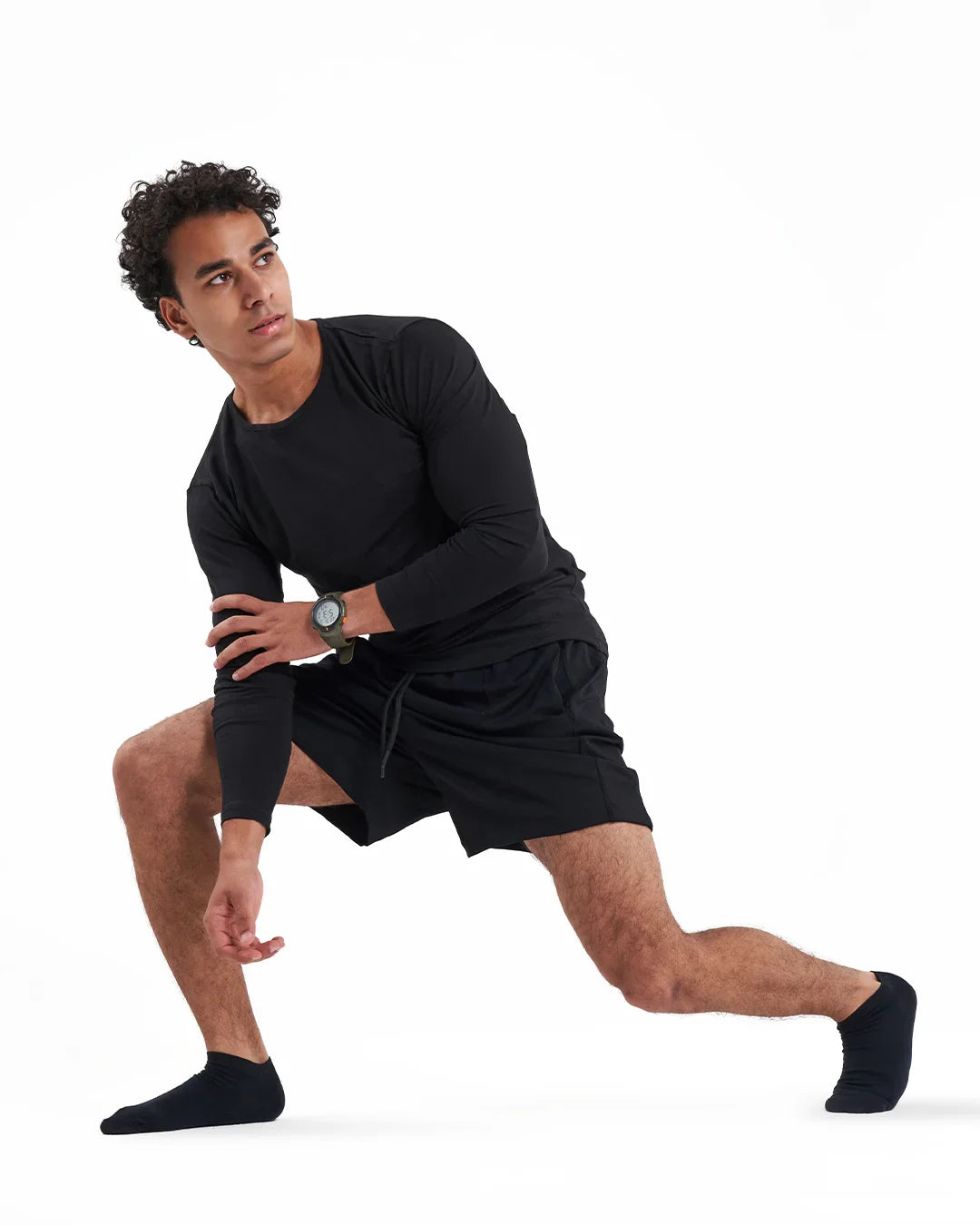 تيشيرت كم قطن أسود بياقة دائرية