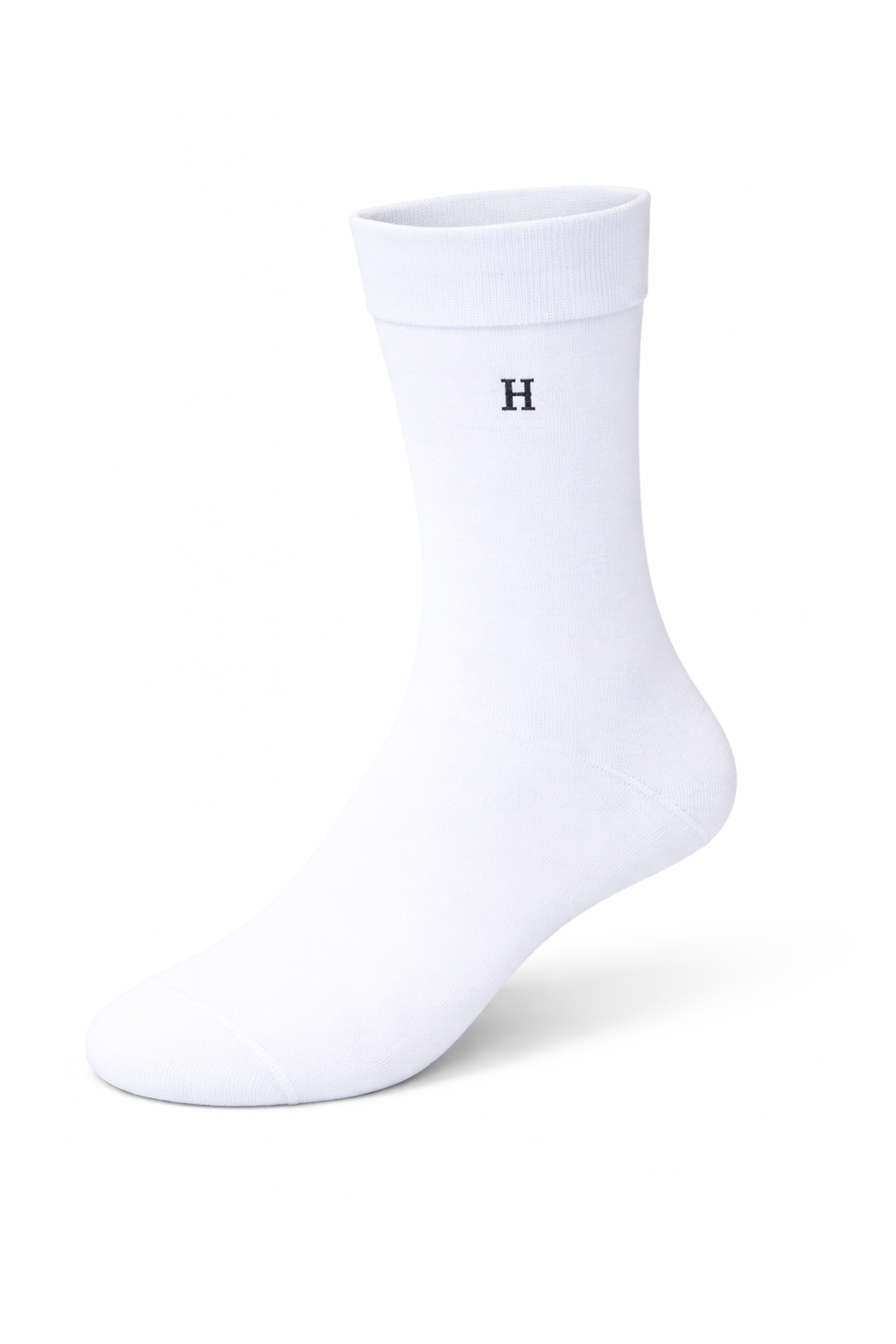White sock with a black letter 'H' on a white background