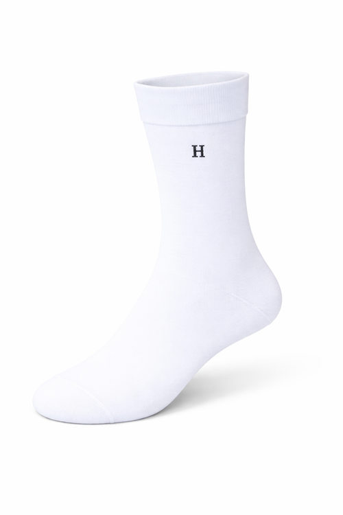 White sock with a black letter 'H' on a white background