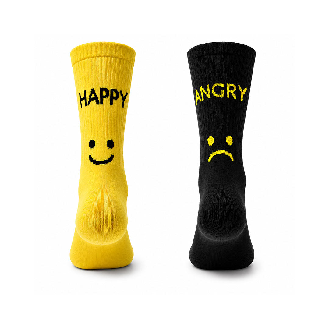 HOBBY Happy and Angry cotton socks in yellow and black with smiley and sad face designs – HA311