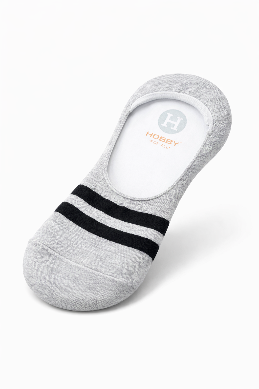 A single light gray heathered low-cut no-show sock with two black stripes across the instep, displayed on a clean white background. The inner sole features a white insert with a gray circular 'H' logo and the brand name 'HOBBY FOR ALL' printed in orange.