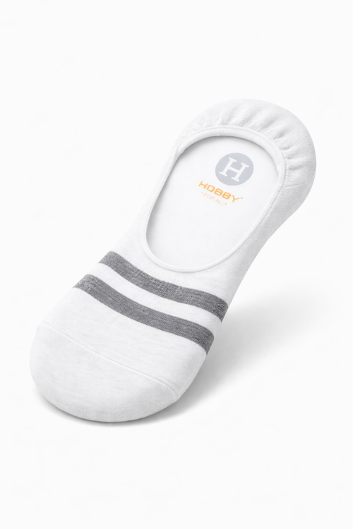 A single white no-show ankle sock with two gray stripes on the toe, featuring the Hobby brand logo printed inside the footbed, set against a clean white background.