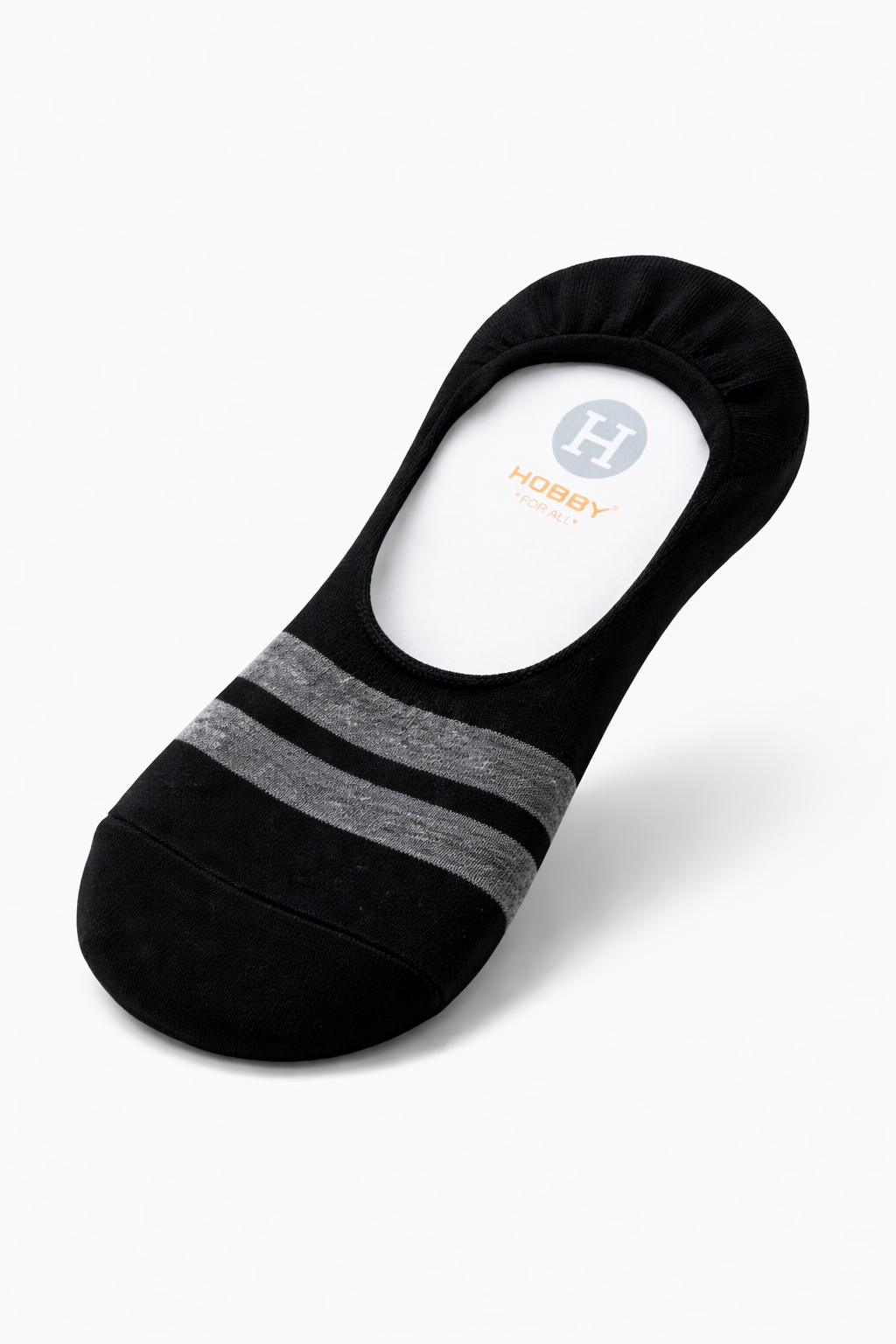 A single black low-cut no-show sock with two horizontal gray stripes on the instep, displayed on a clean white background. The inside of the sock features a white insole with a gray circular 'Hobby' logo.