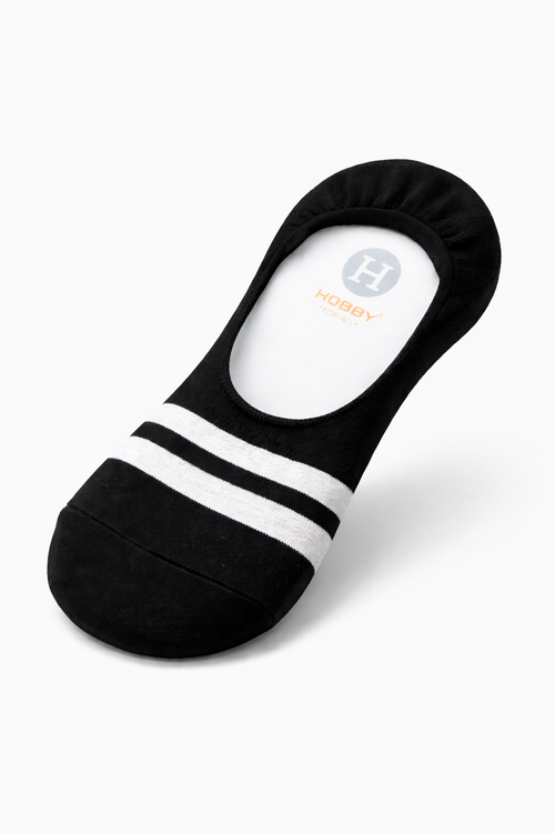 A single black low-cut no-show sock with two white horizontal stripes near the opening, shown on a clean white background. The inside of the sock features a white oval patch with a gray 'H' logo and the brand name 'HUGSBY' in orange.