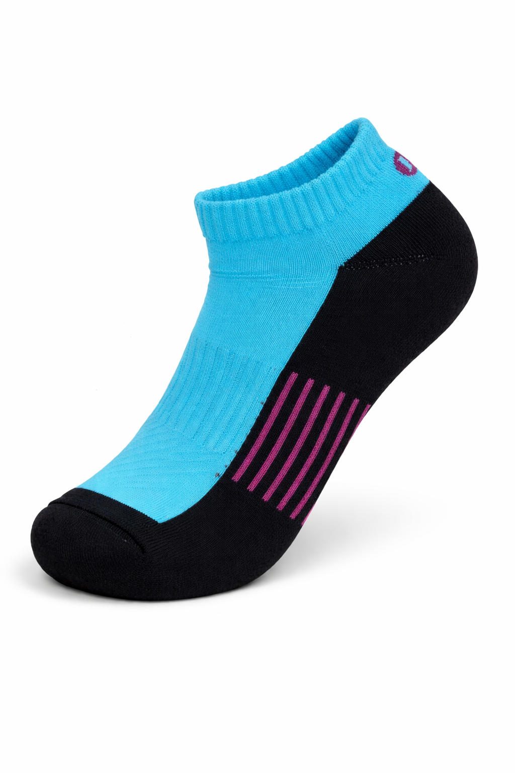 Black and blue ankle sock with pink accents on a white background