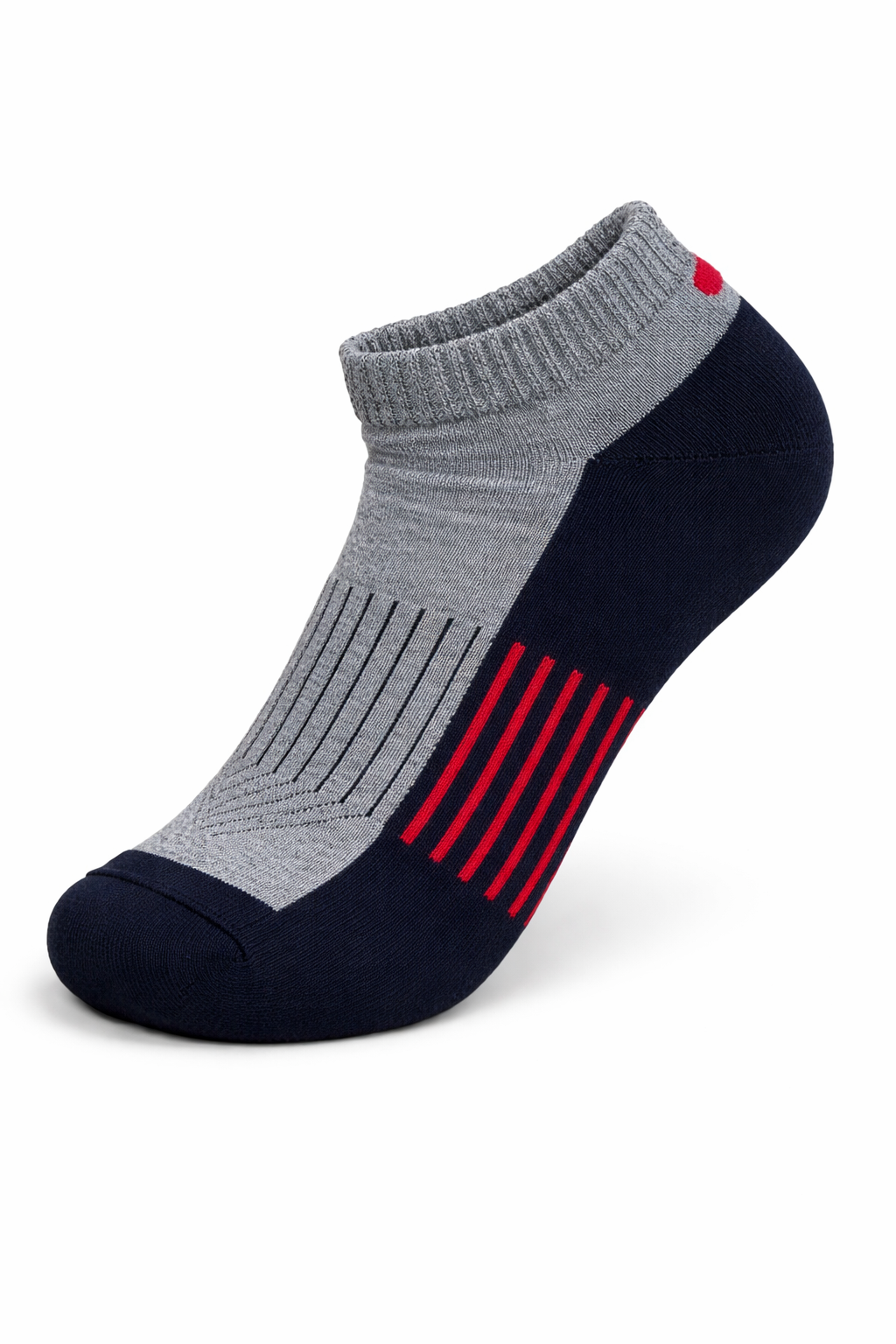 Gray and black sock with red accents on a white background