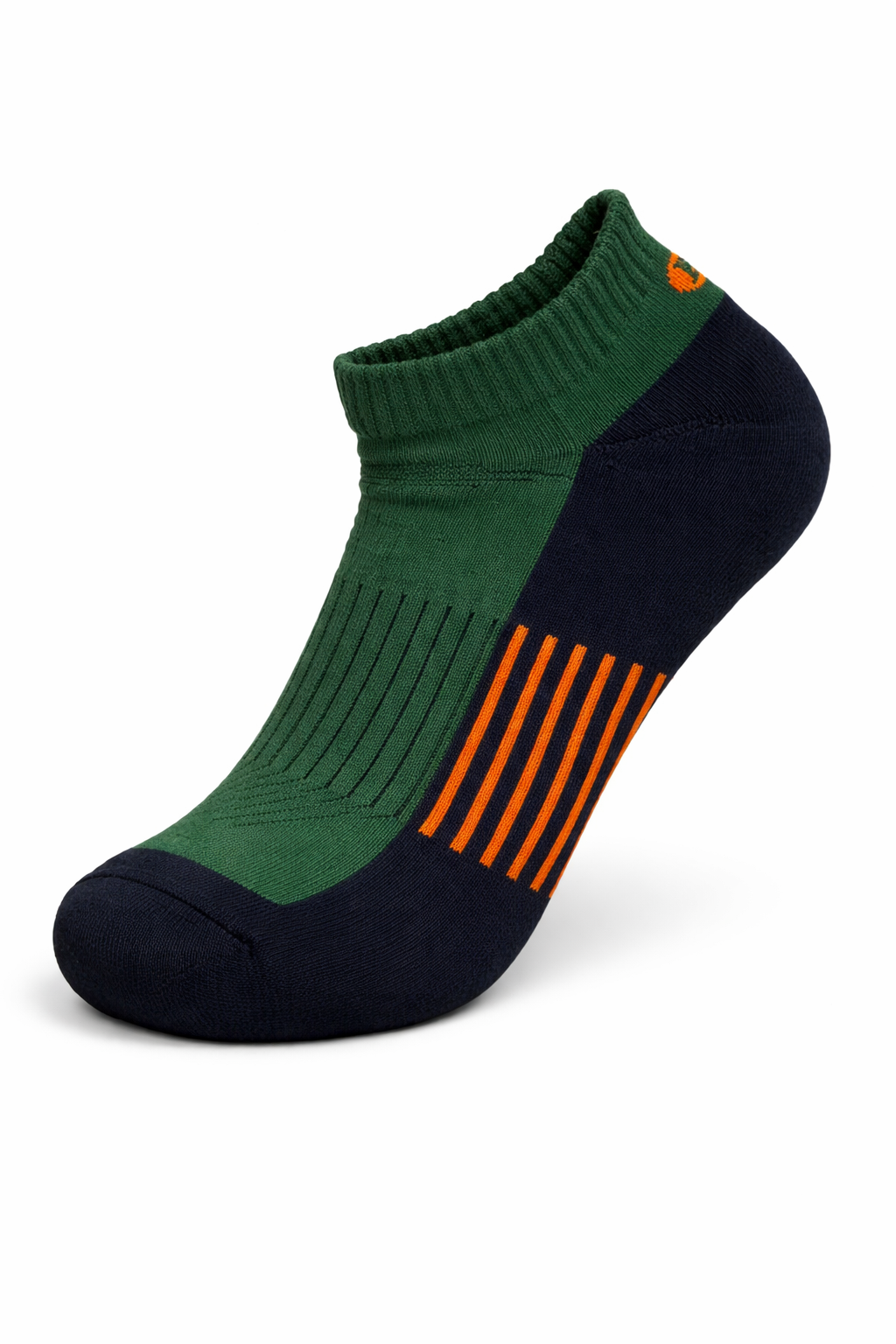 Green and black socks with orange accents on a white background