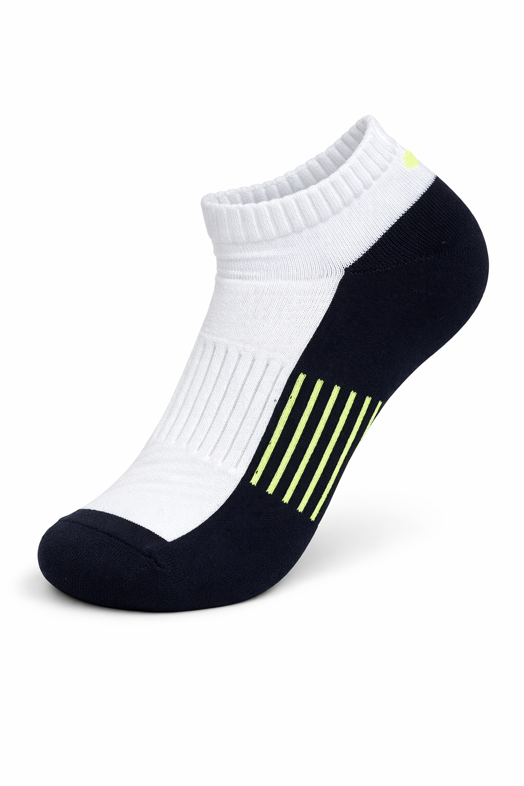 Black and white ankle sock with a yellow stripe on a white background