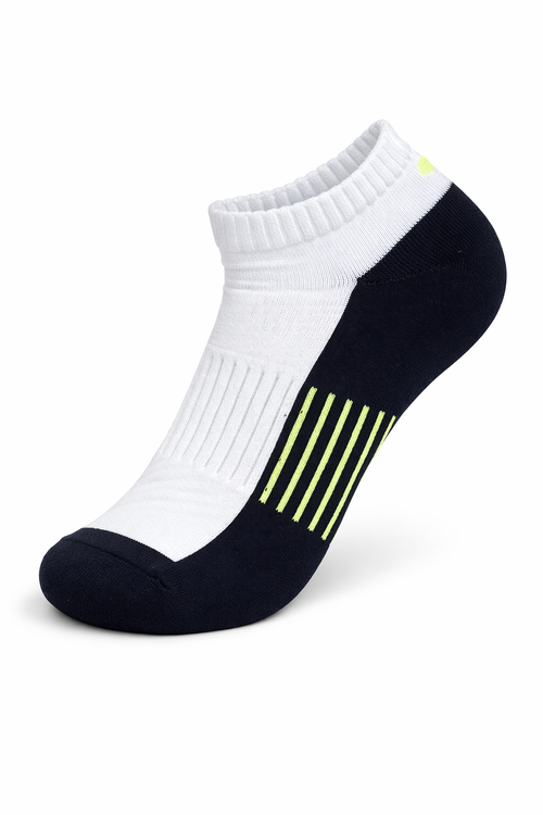 Black and white ankle sock with a yellow stripe on a white background