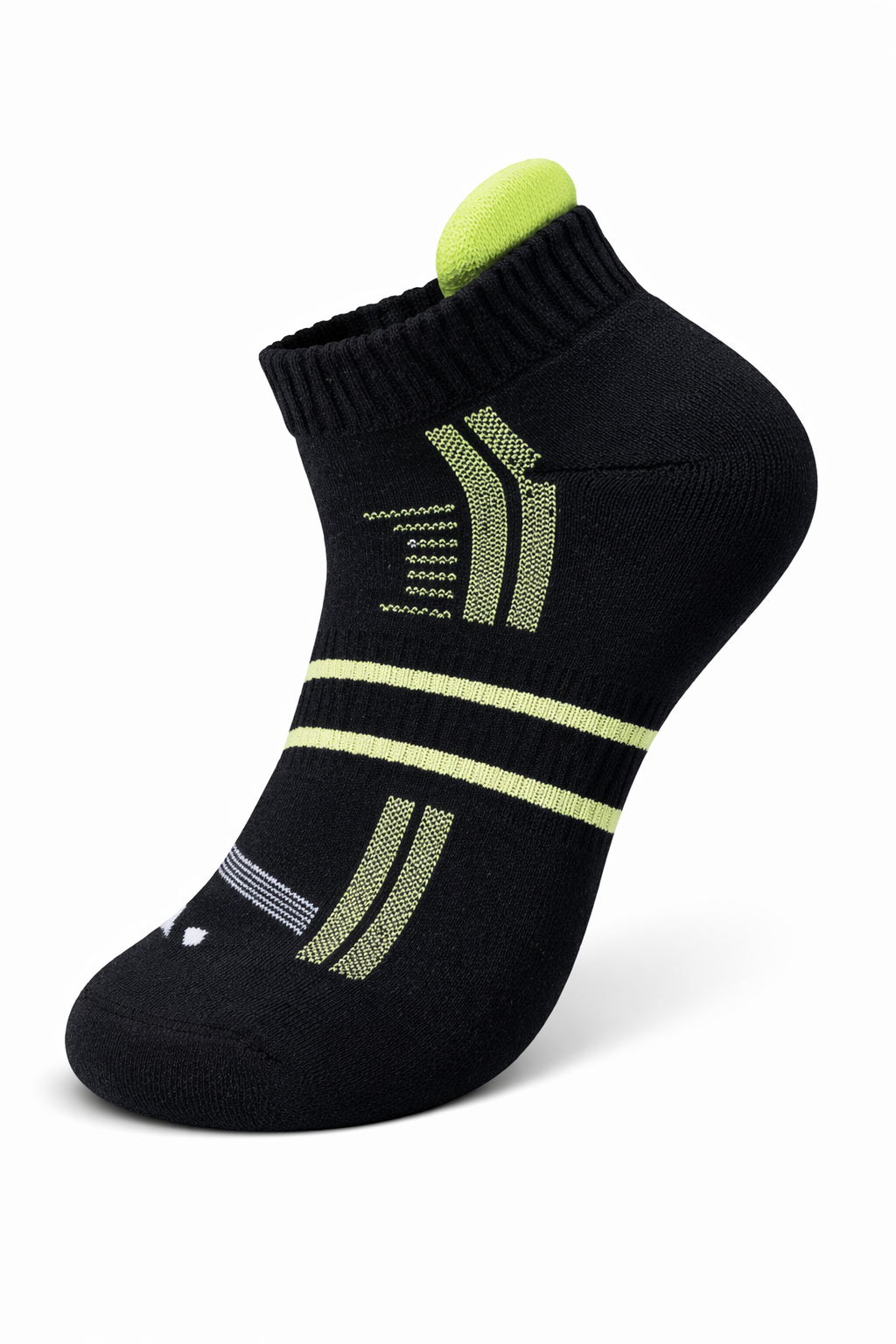 Black ankle sock with green accents on a white background
