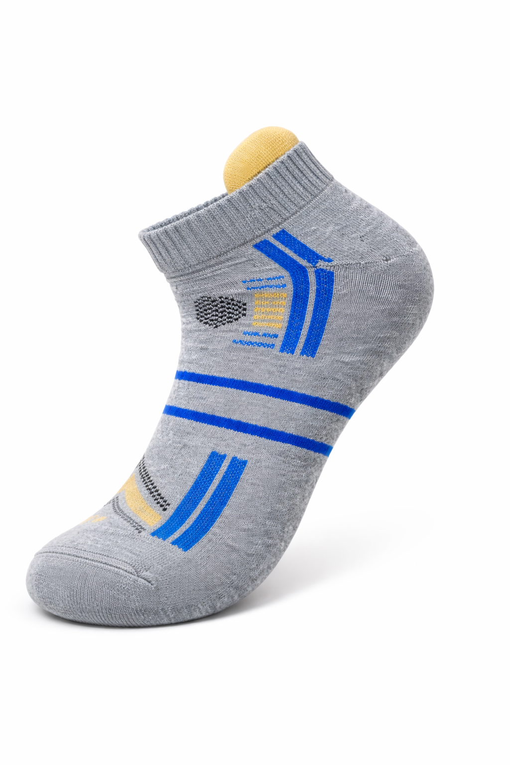 Gray ankle sock with blue and yellow accents on a white background