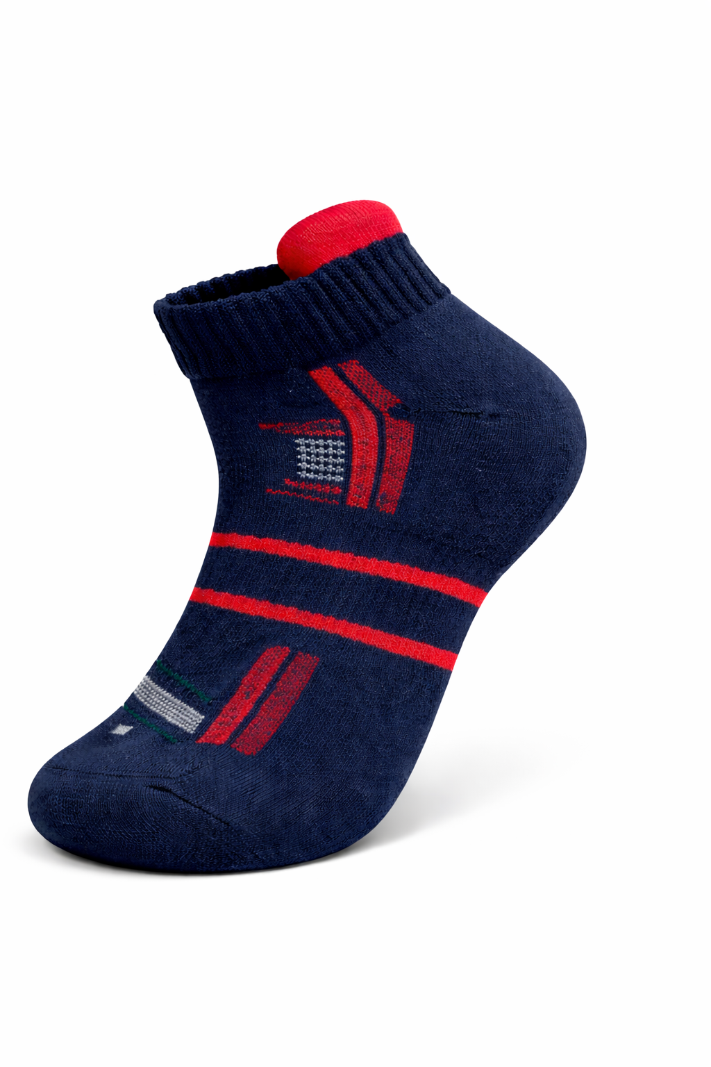 Navy blue sock with red accents on a white background