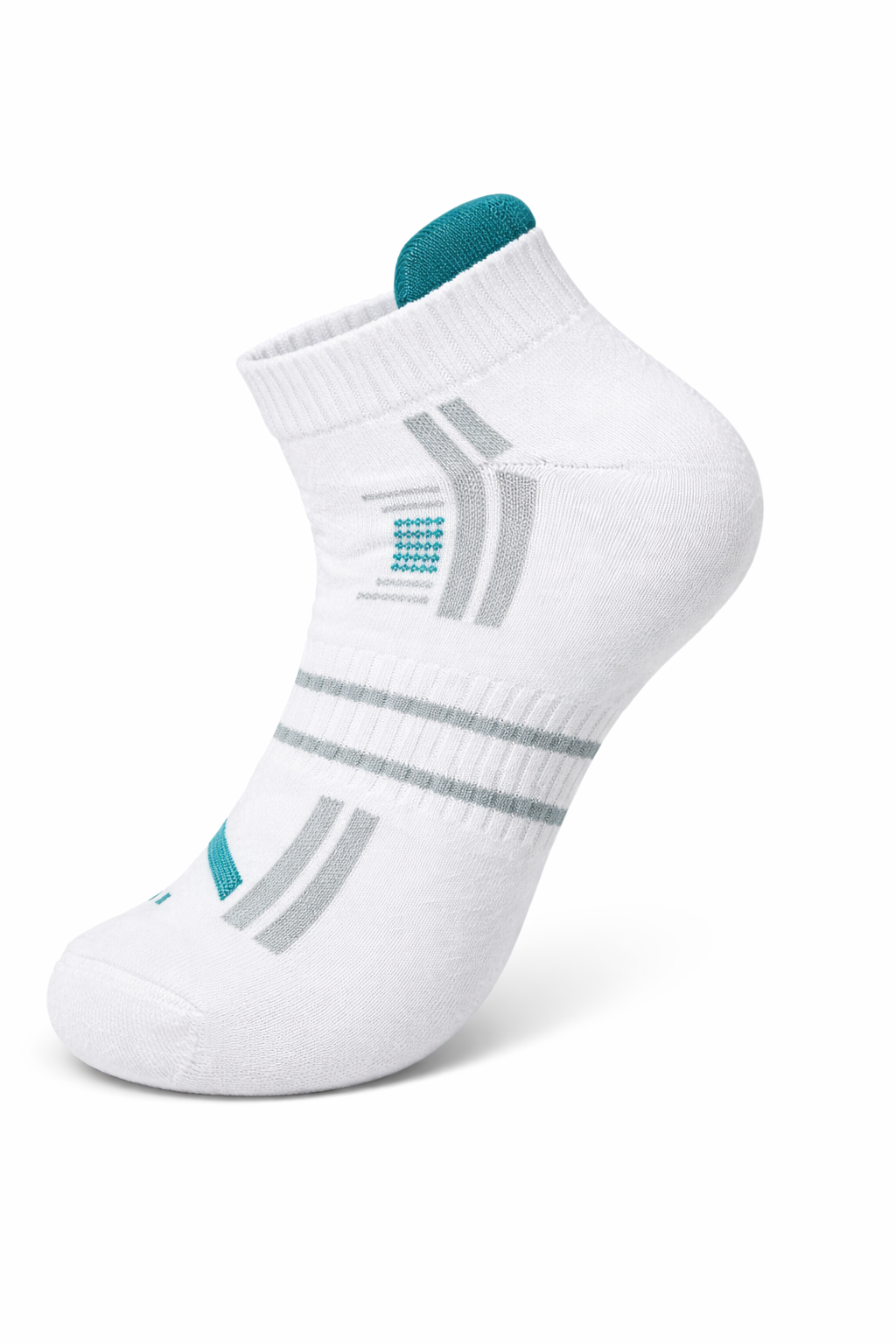 White ankle sock with gray and blue accents on a white background
