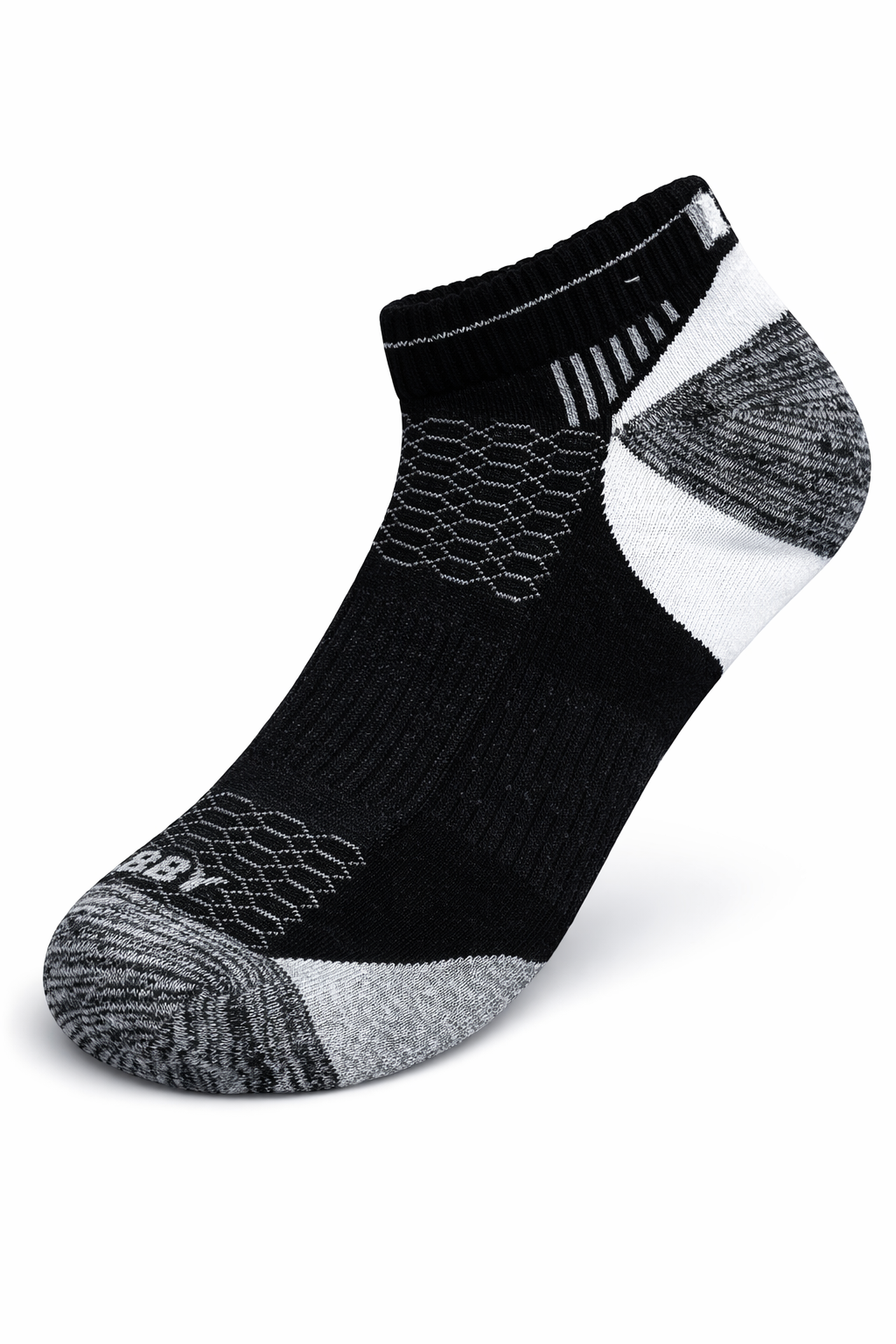 Black and gray sock with brand logo on a white background