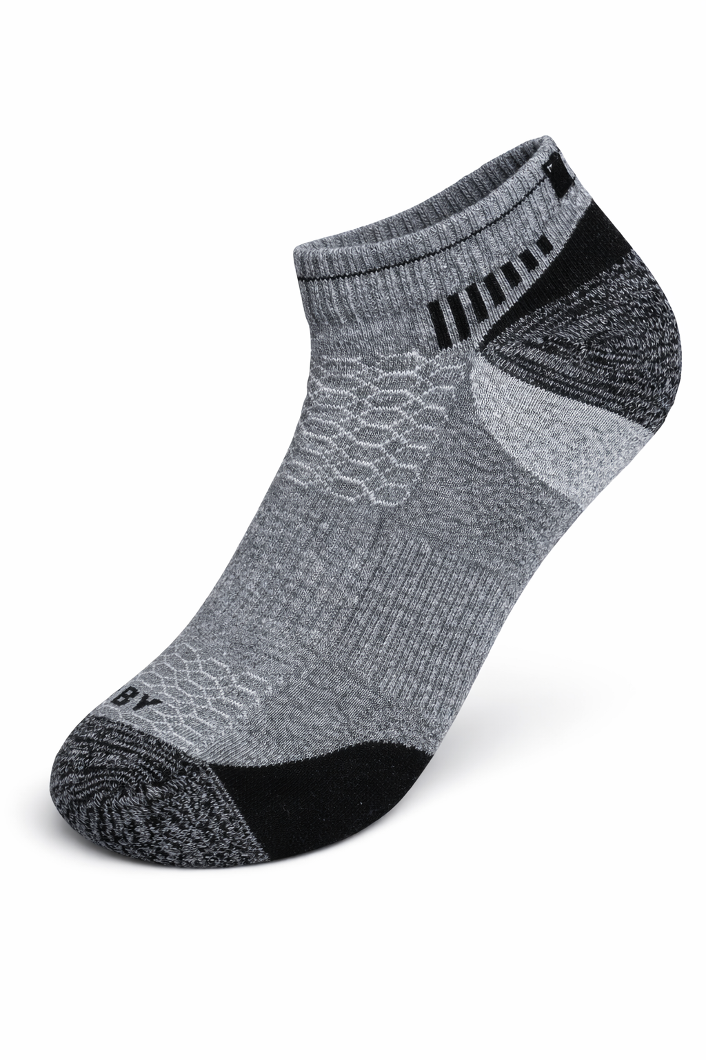 Gray ankle sock with black accents on a white background