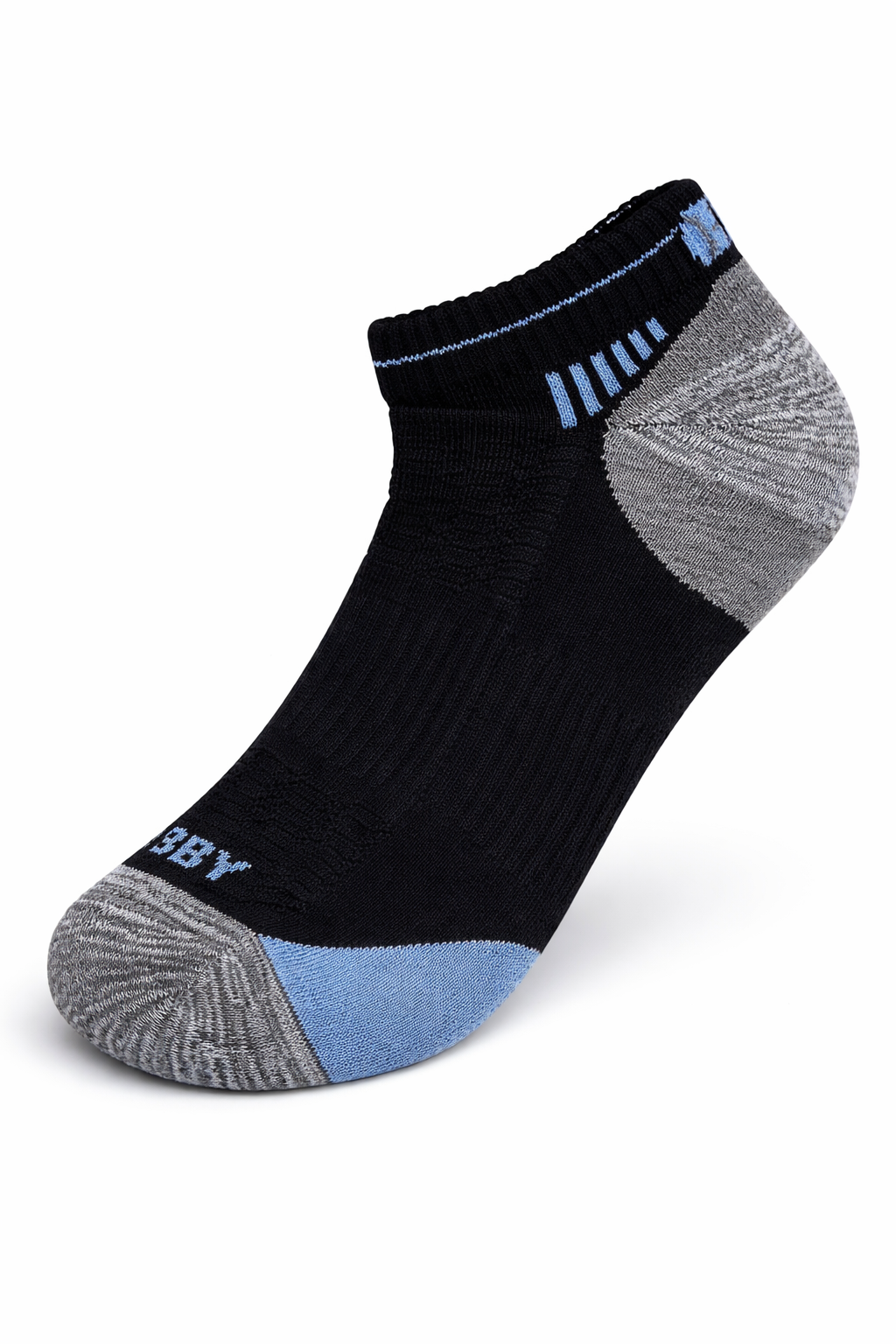 Black ankle sock with gray and blue accents on a white background