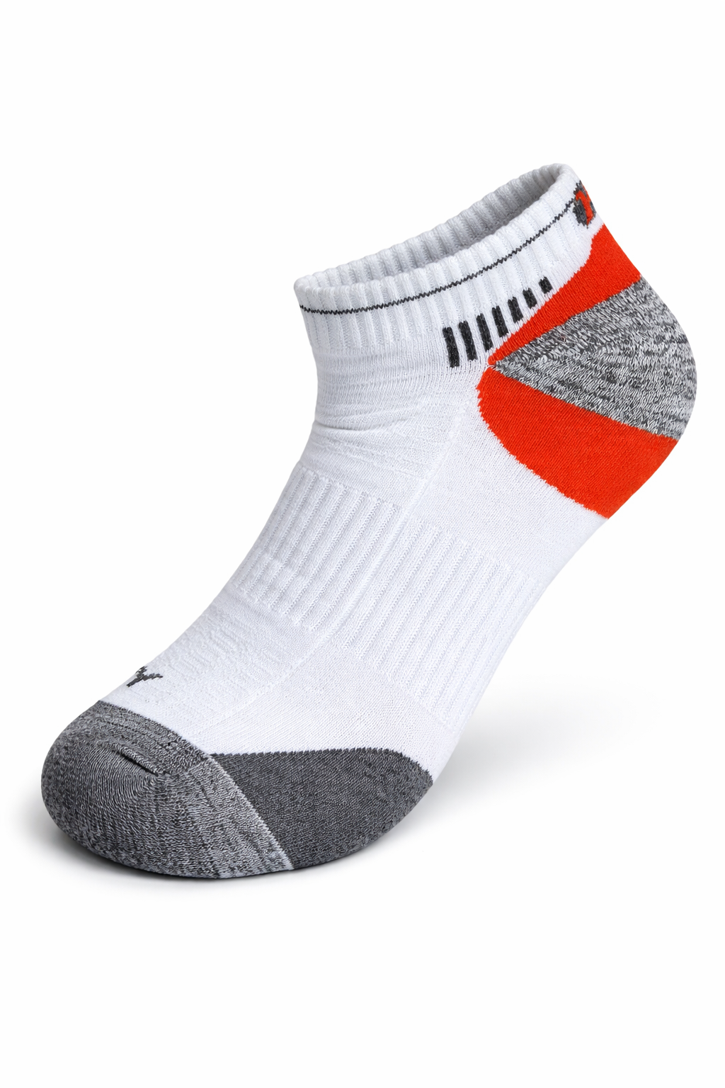 White athletic sock with red and gray accents on a white background
