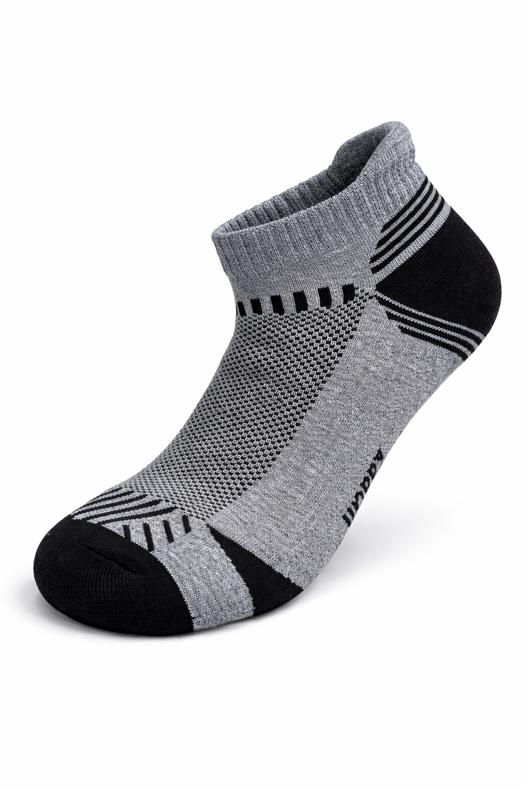 Gray and black athletic sock on a white background