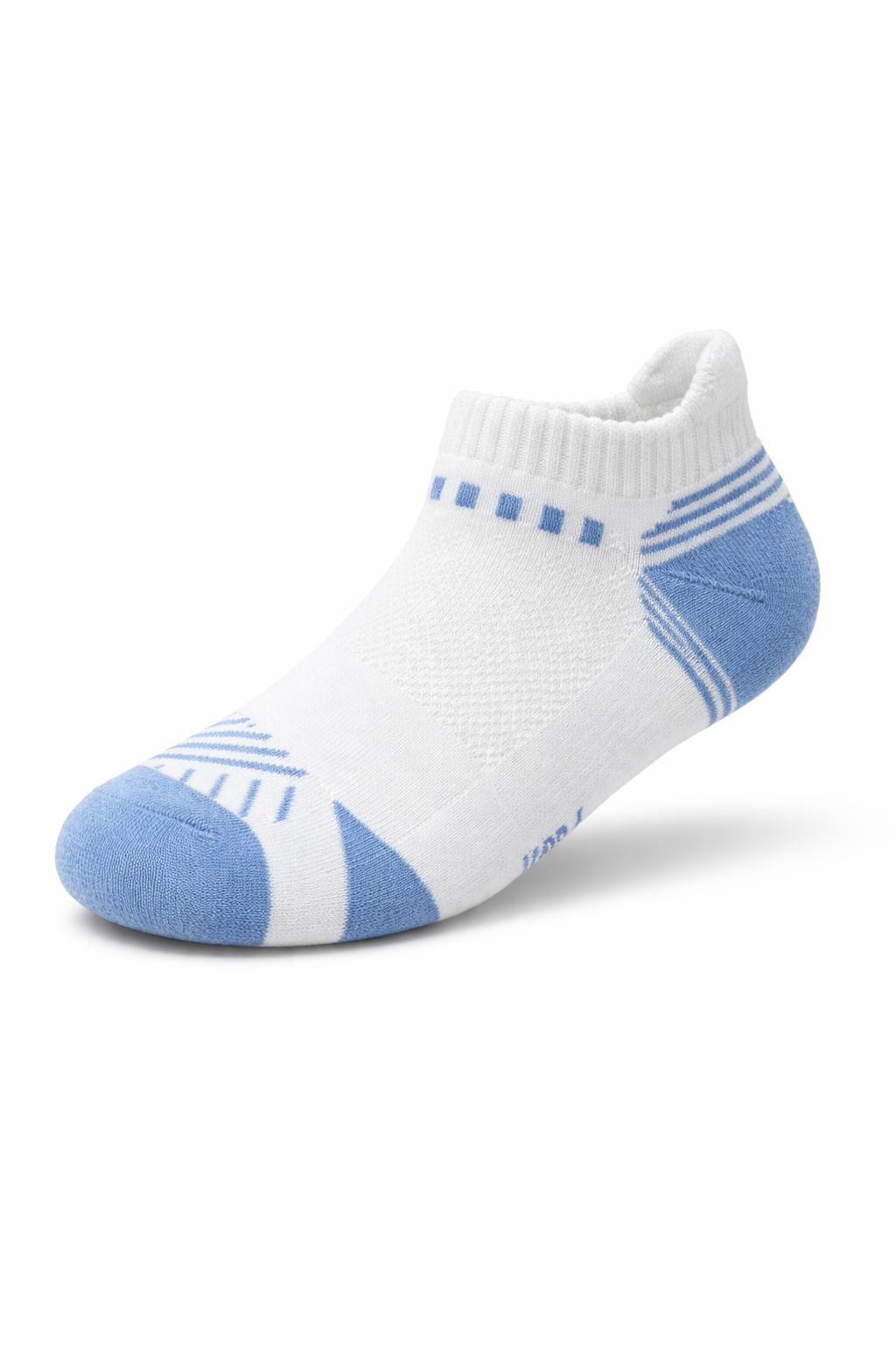 White ankle sock with blue accents on a white background