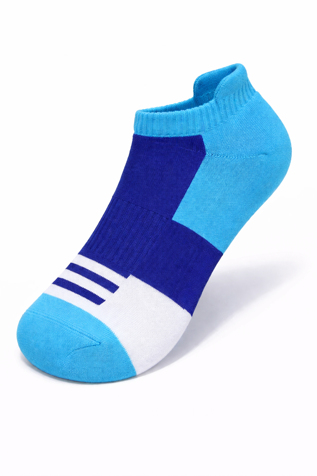Blue and white athletic sock on a white background