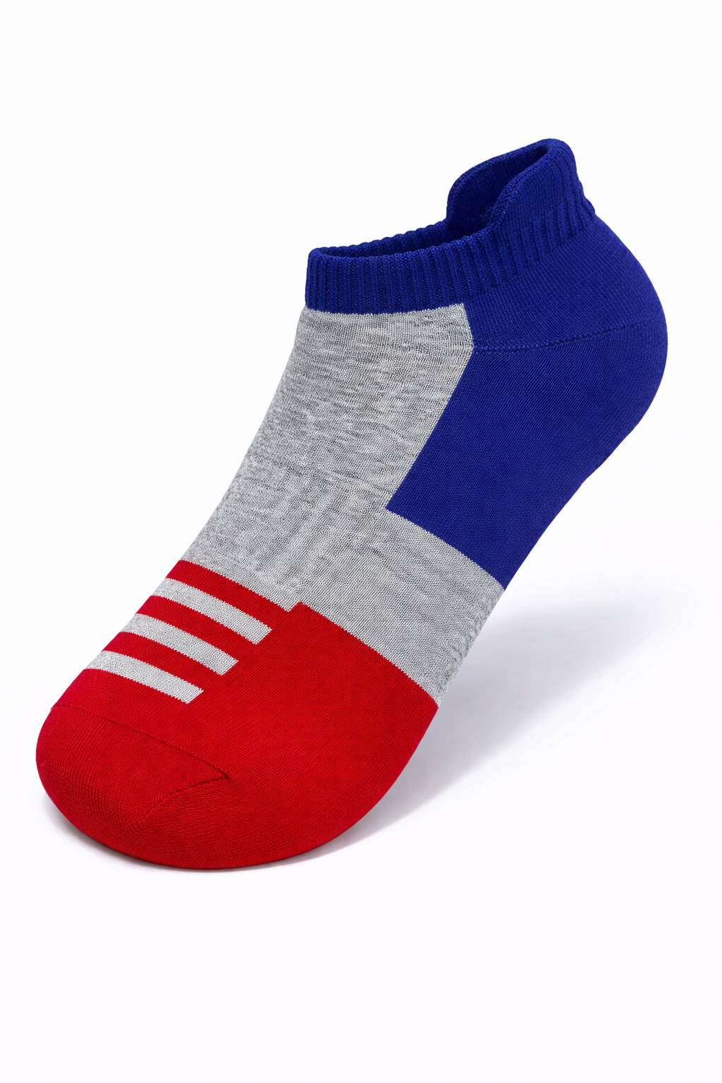 Color-blocked sock with blue, gray, and red sections on a white background