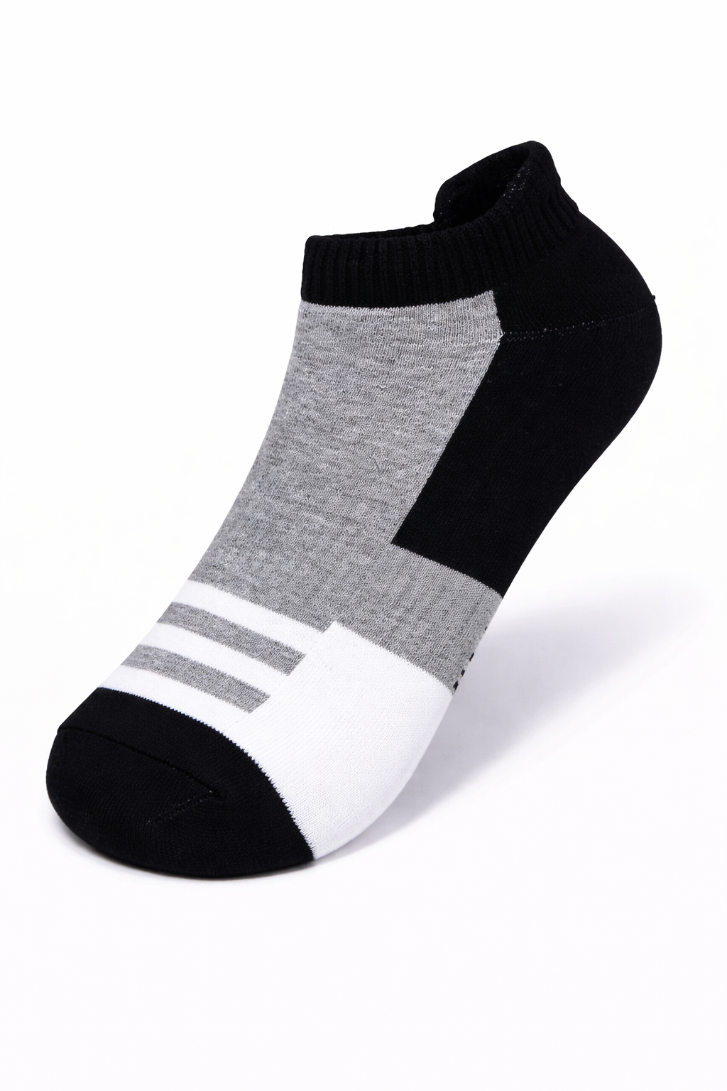 Black, gray, and white sock on a white background
