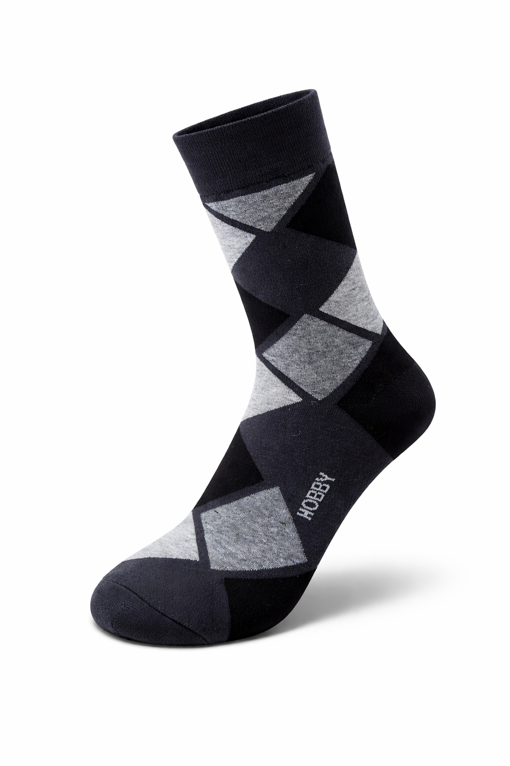 Black and gray argyle patterned sock on a white background