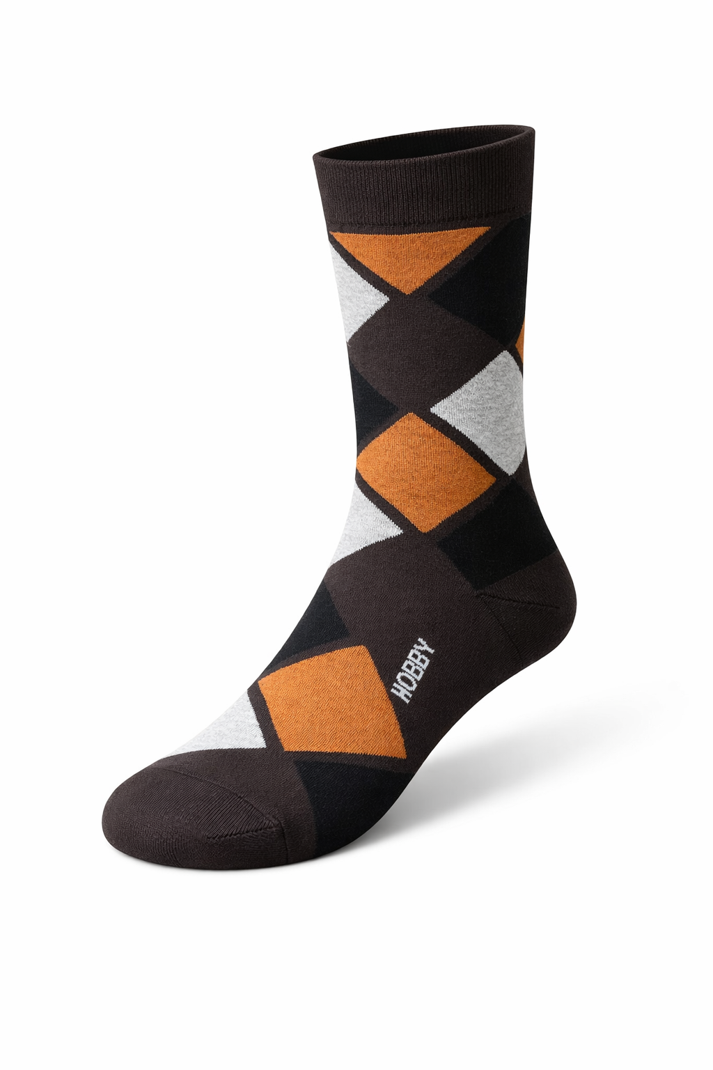 Black argyle sock with orange and gray pattern on a white background