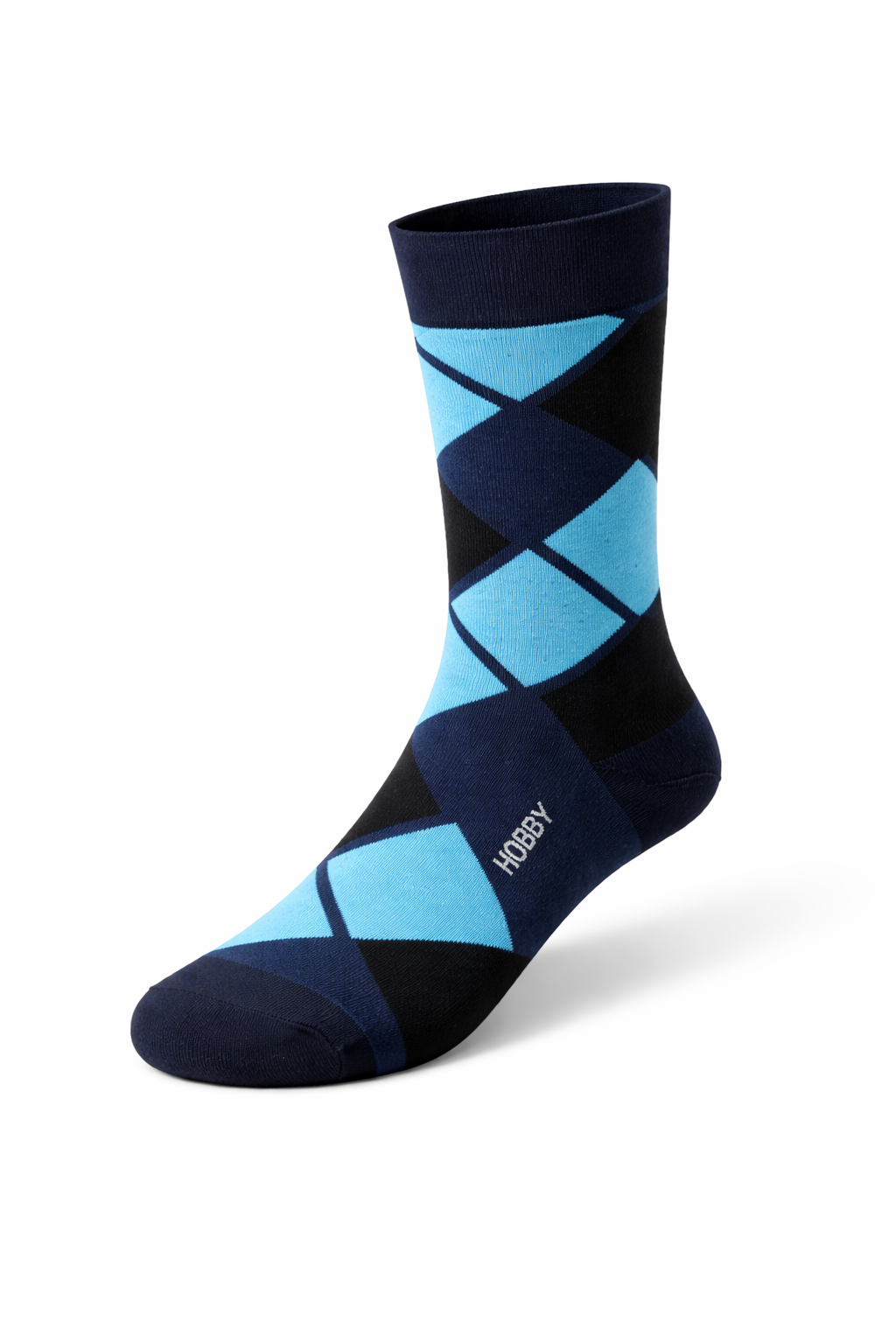 Blue and black argyle patterned sock on a white background