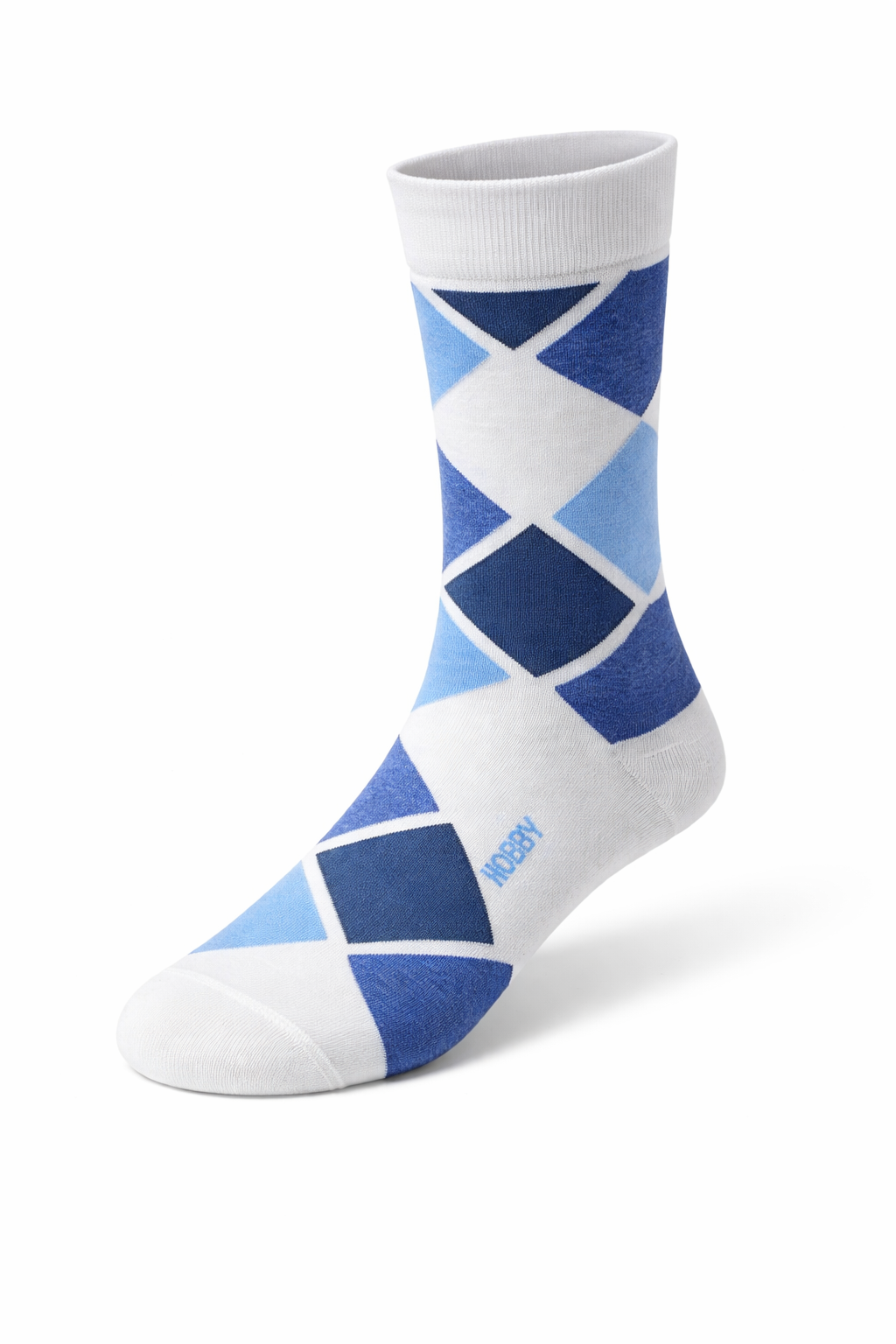 Blue and white argyle patterned sock on a white background