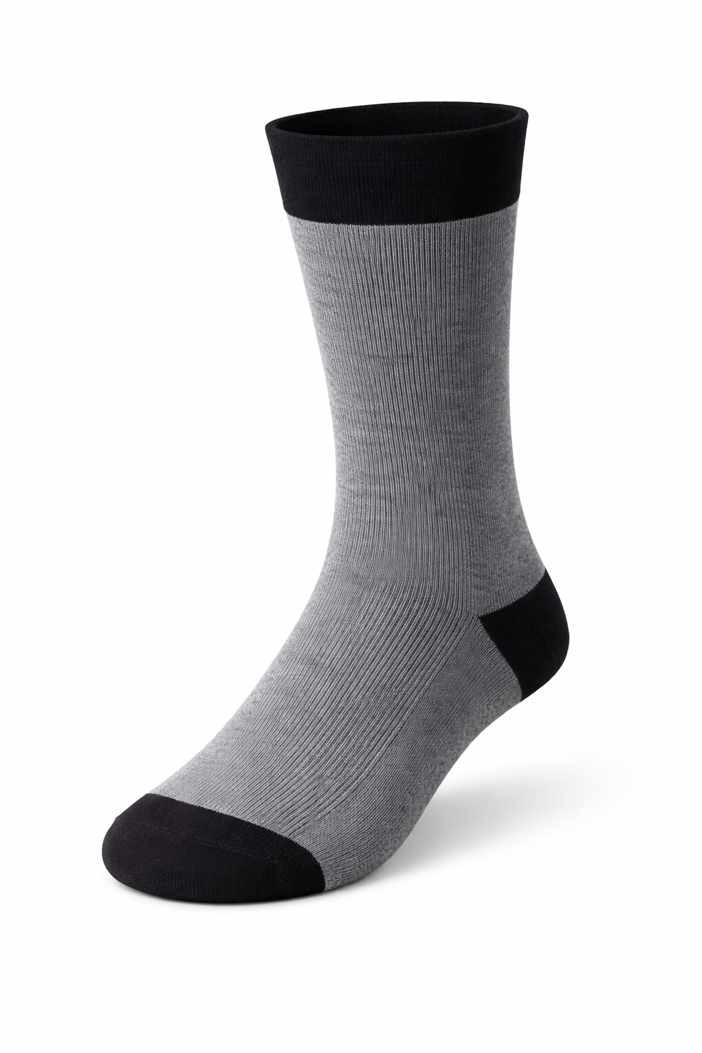 Gray sock with black accents on a white background