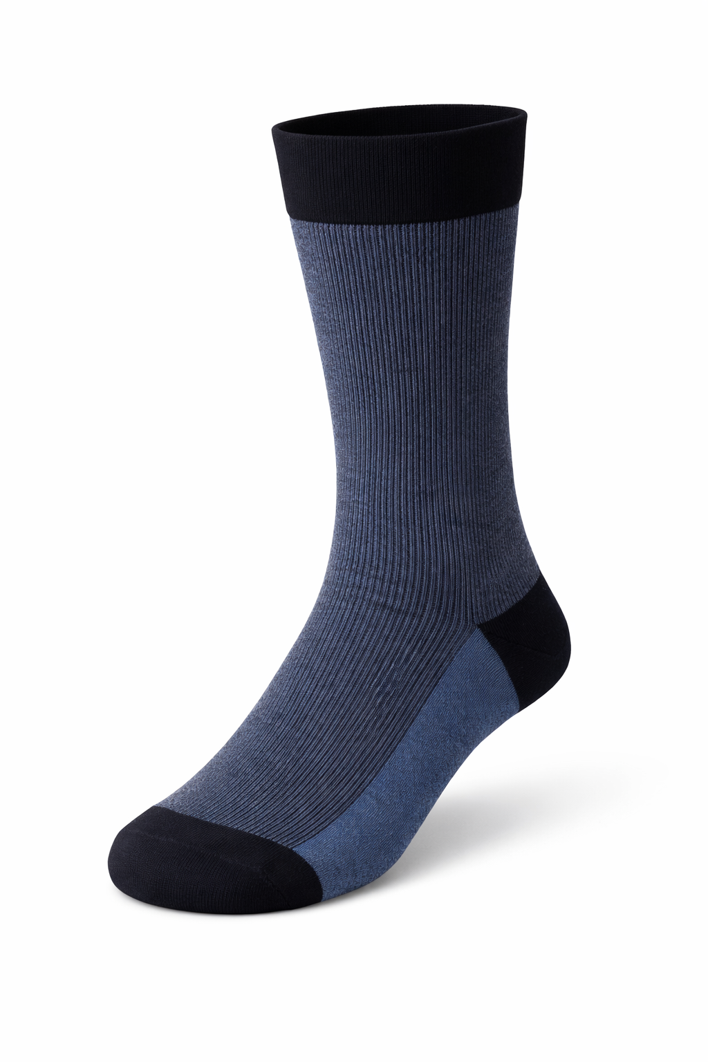 Navy sock with black accents on a white background