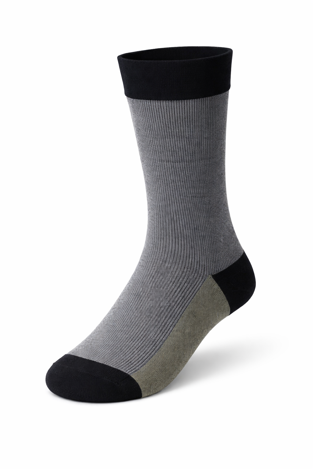 Gray sock with black accents on a white background