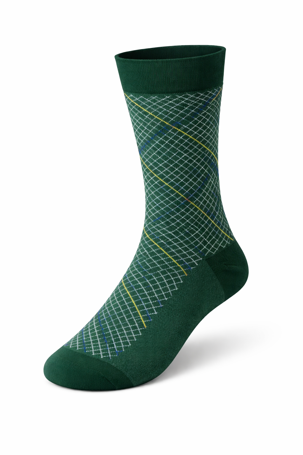 Green sock with geometric pattern on a white background