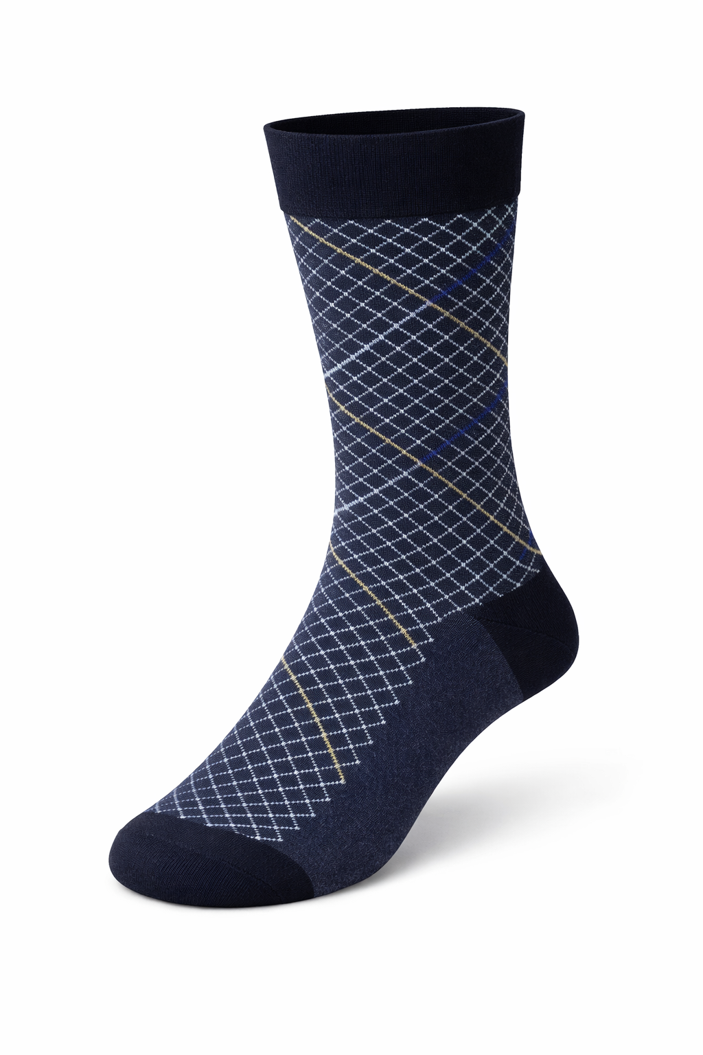 Navy sock with a white grid pattern on a white background
