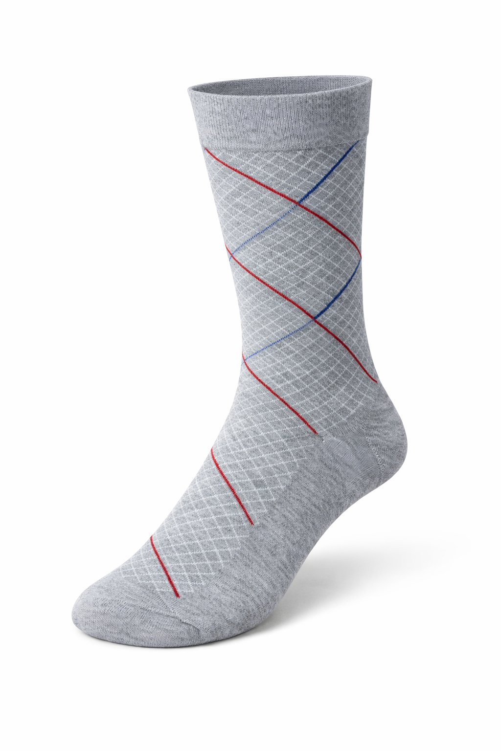Gray sock with red and blue diagonal lines on a white background