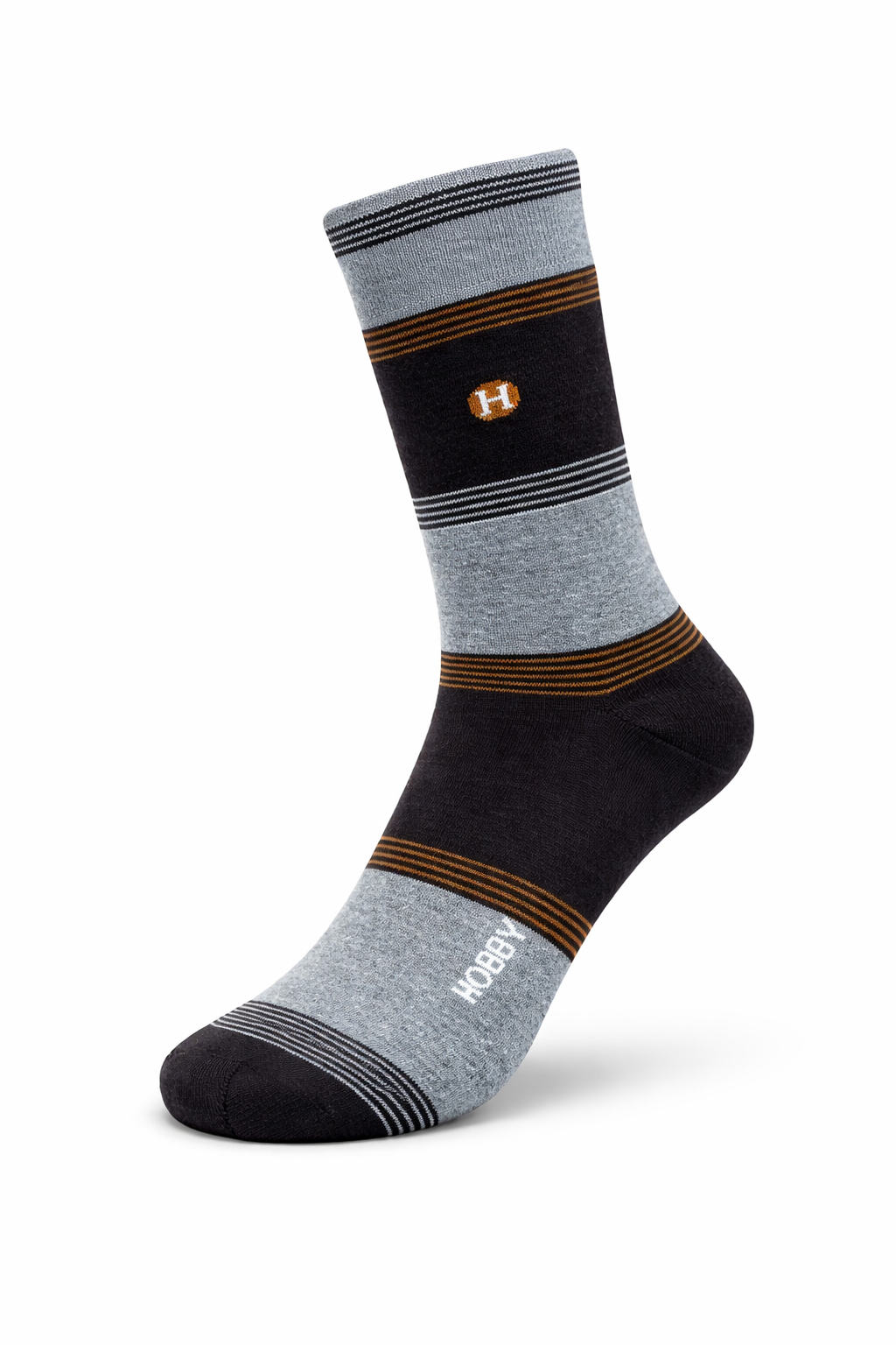 Gray and black sock with brown stripes on a white background