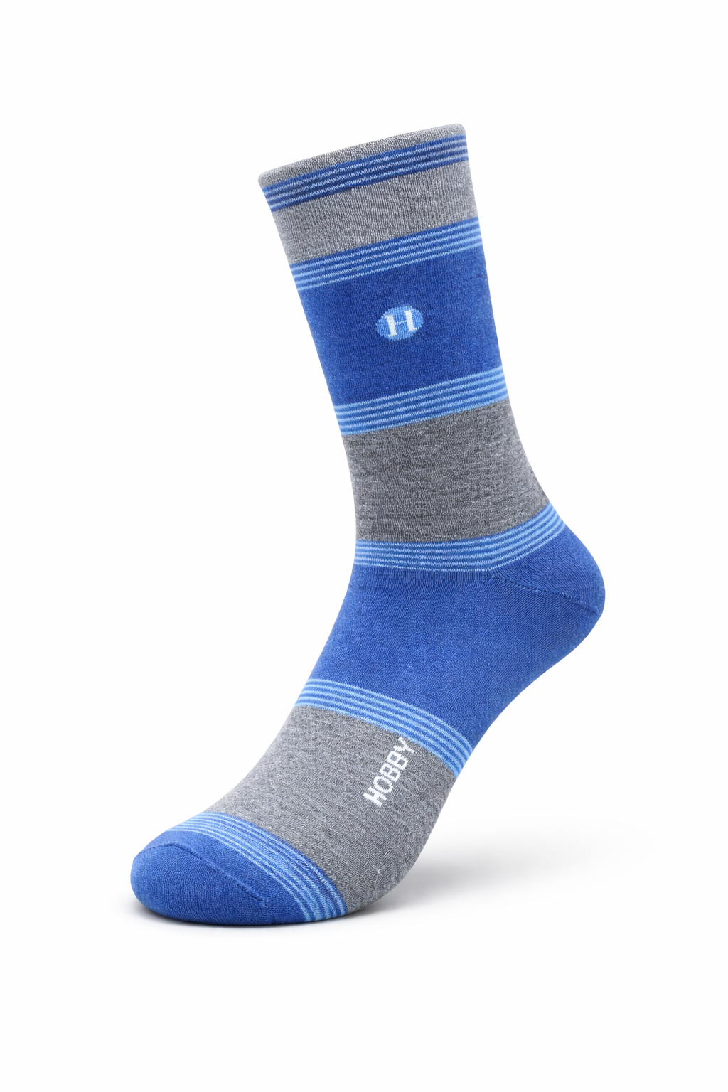 Blue and gray striped sock with a logo on a white background