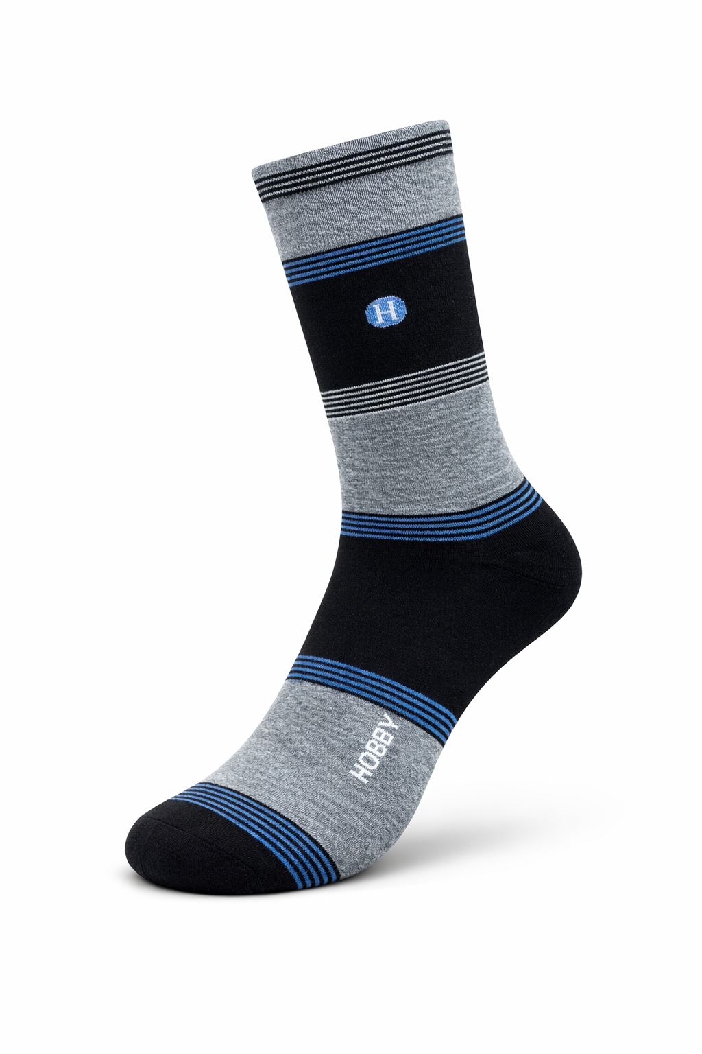 Gray and black striped sock with blue accents on a white background