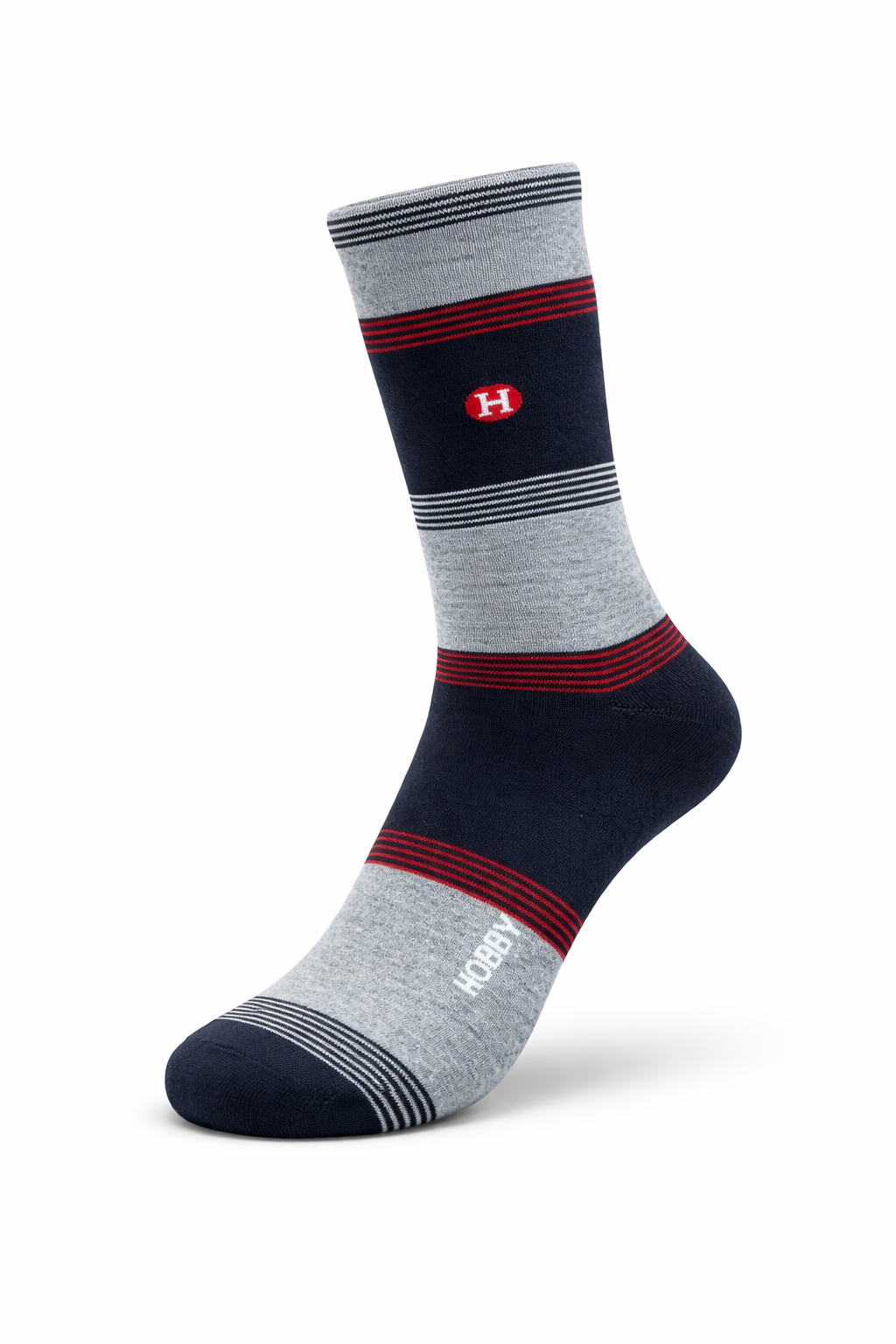 Gray and navy sock with red accents on a white background
