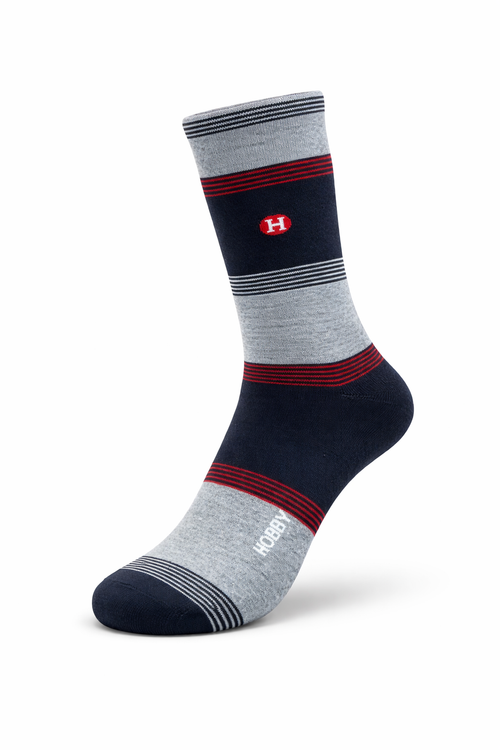 Gray and navy sock with red accents on a white background