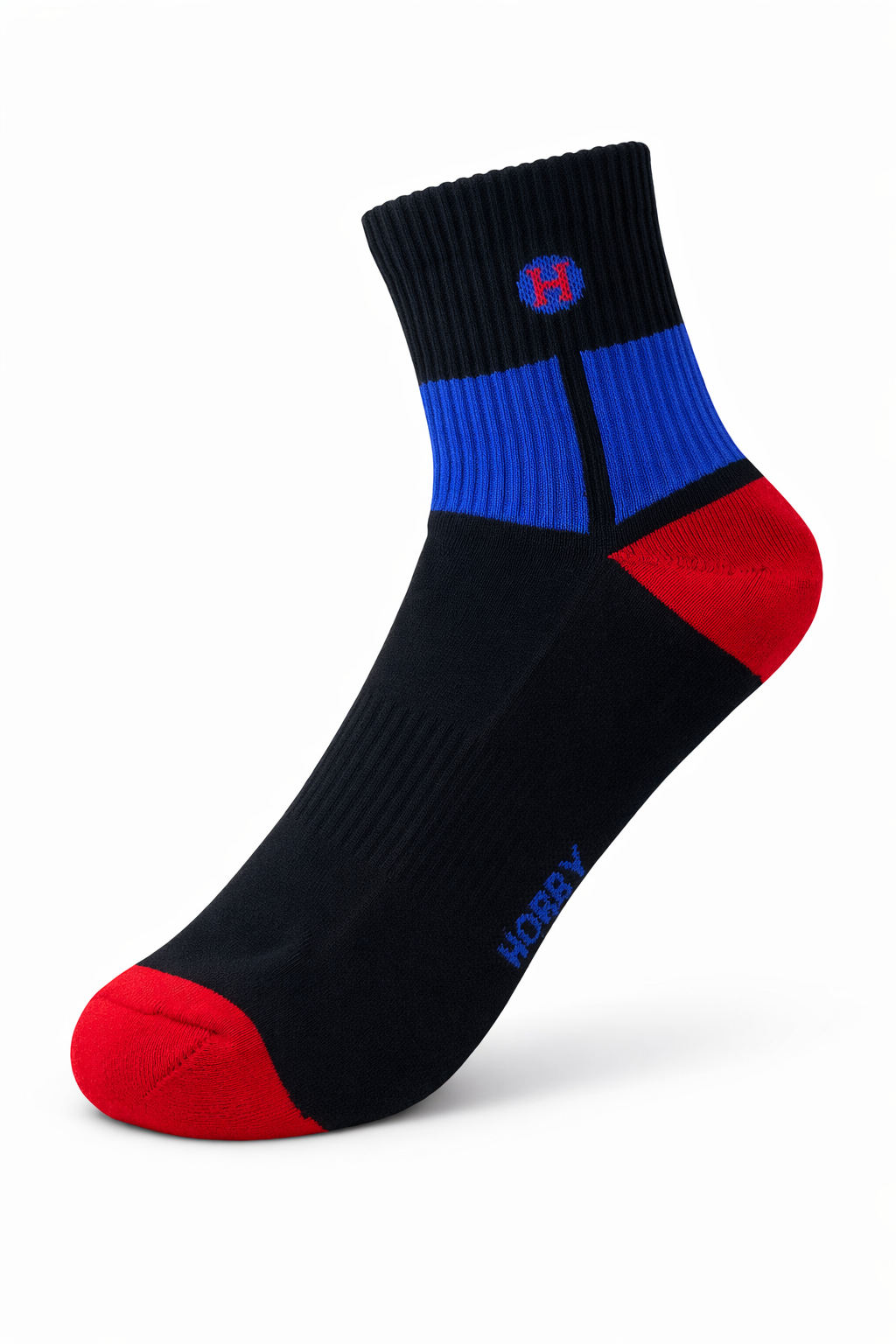 Black, blue, and red sock with a logo on a white background