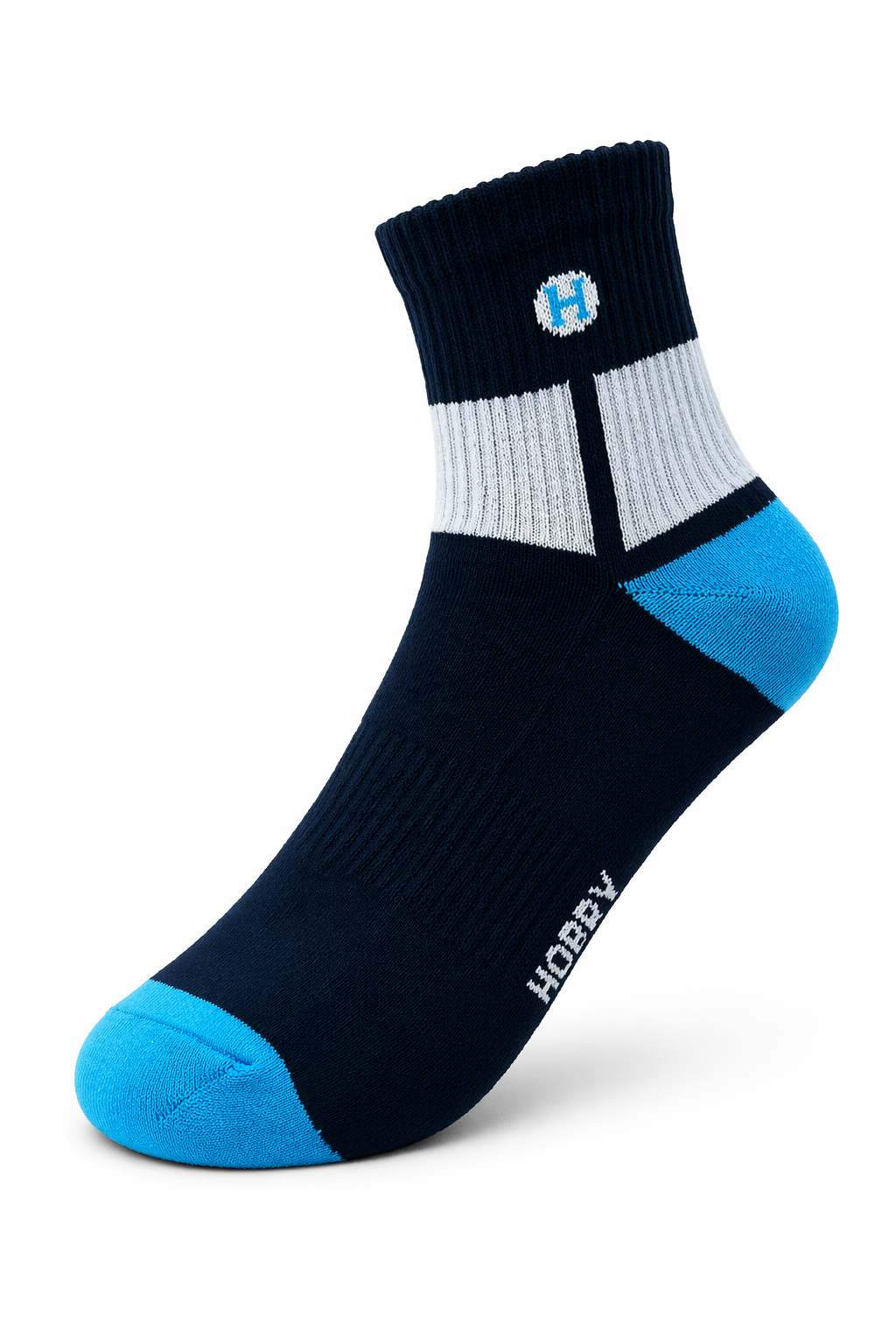 Black, white, and blue sock with 'Hobby' branding on a white background