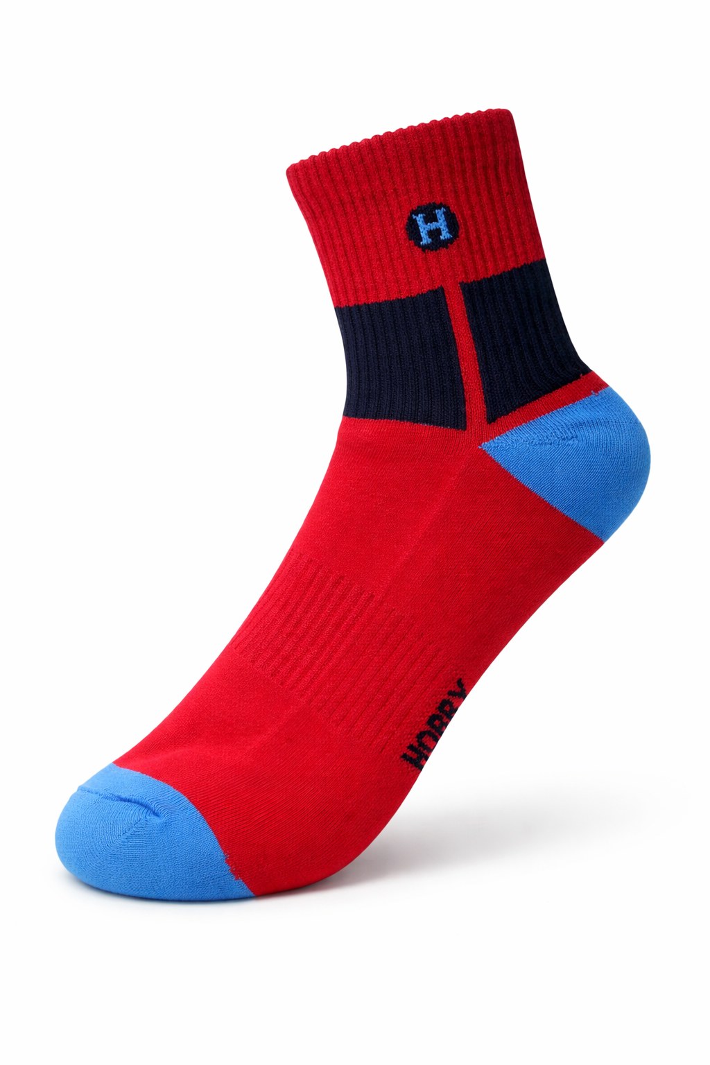 Red sock with blue accents on a white background