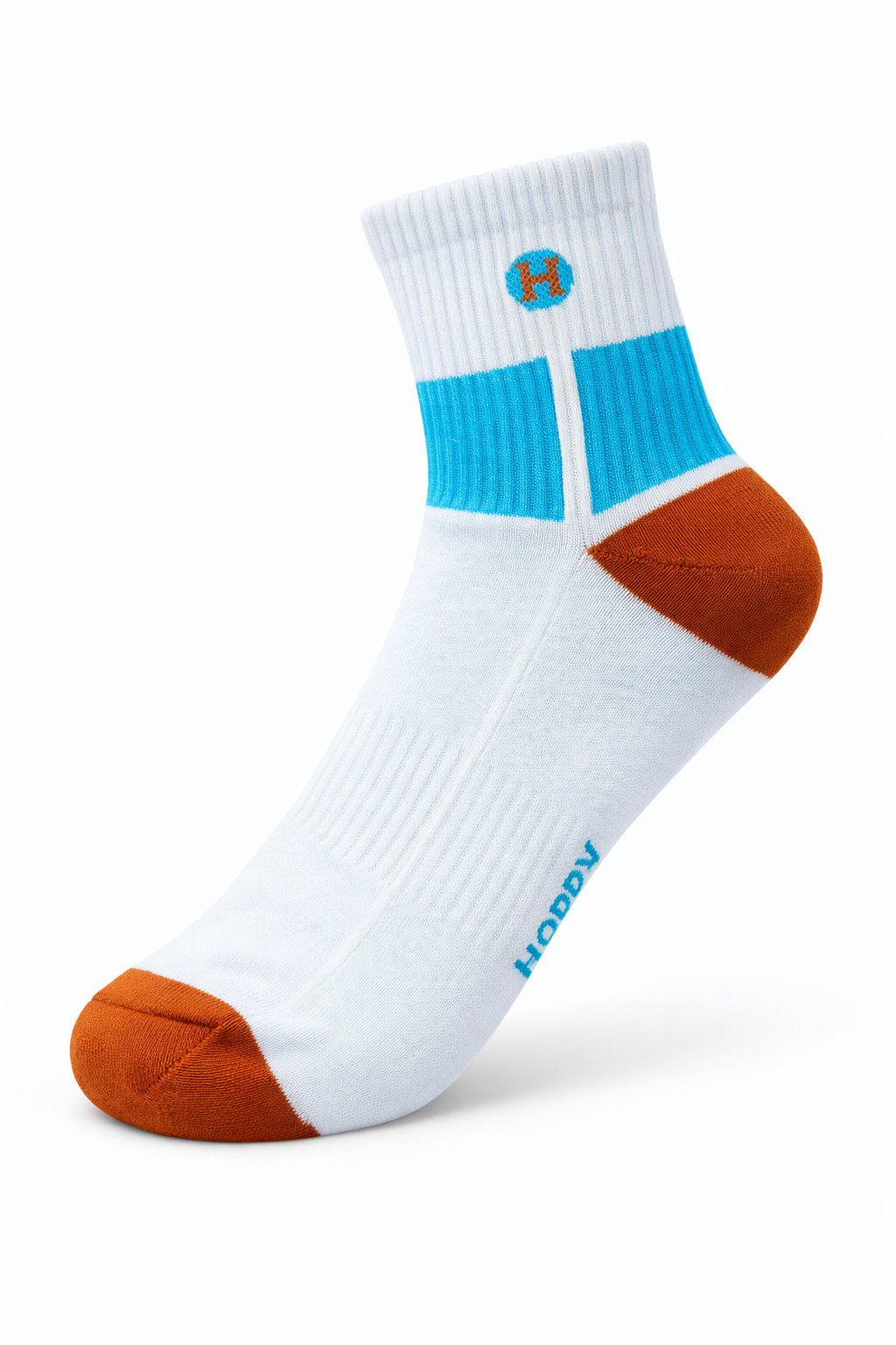White sock with blue and orange accents on a white background