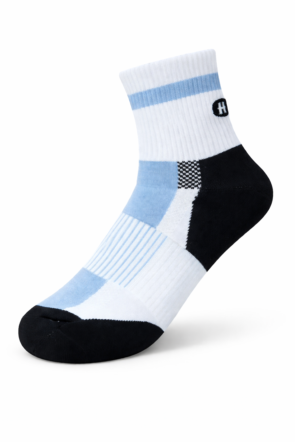 White ankle sock with blue and black accents on a white background