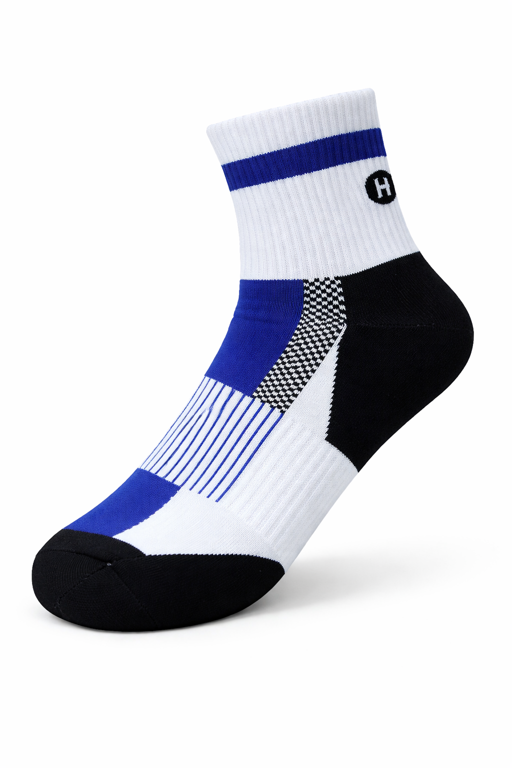 White athletic sock with blue and black accents on a white background