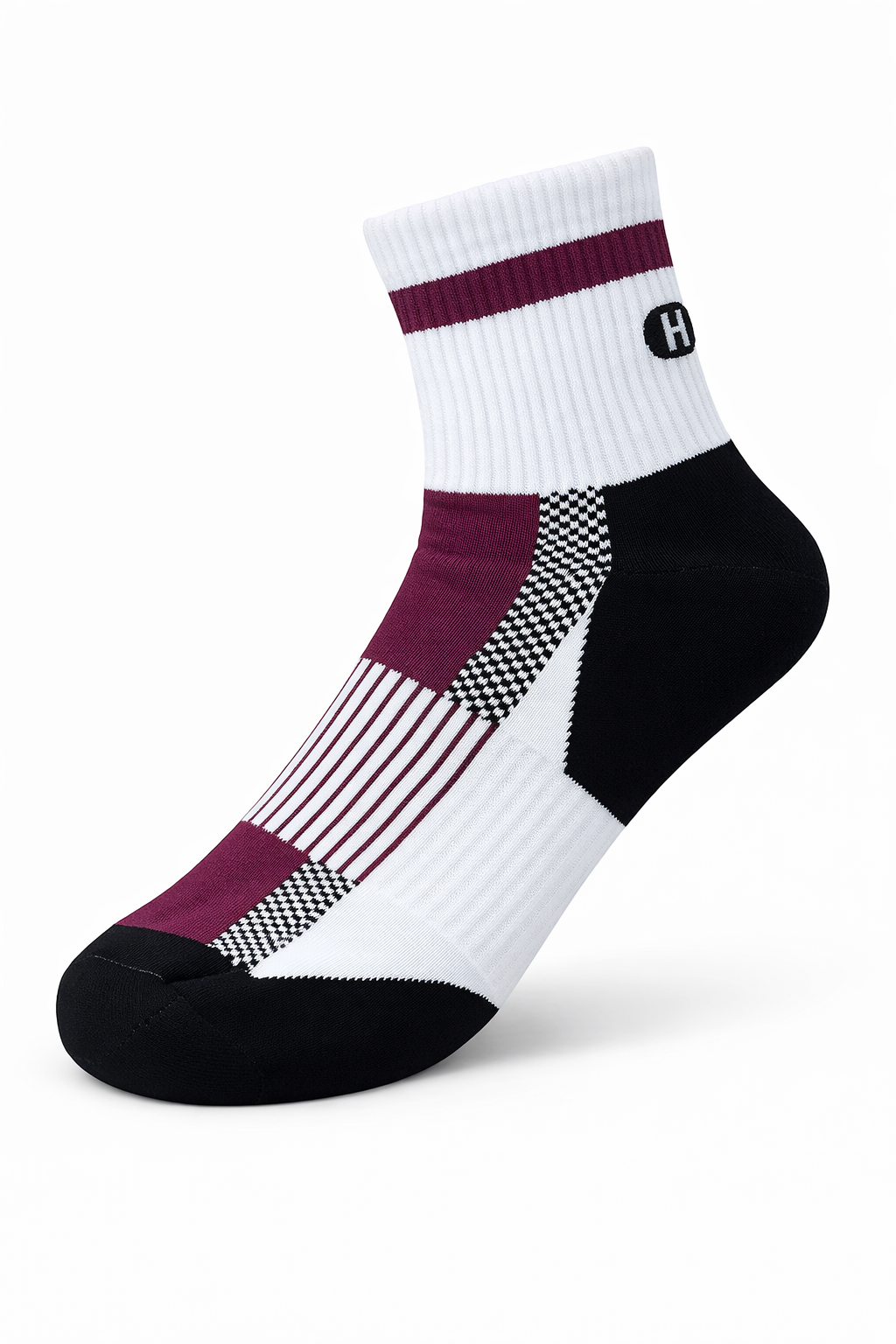 White ankle sock with black and maroon accents on a white background